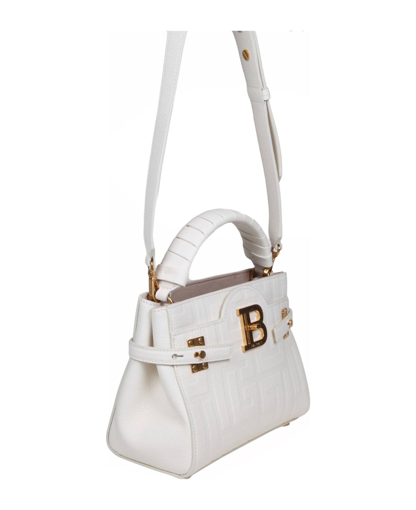 Balmain Bbuzz Handbag In Monogram Leather - WHITE