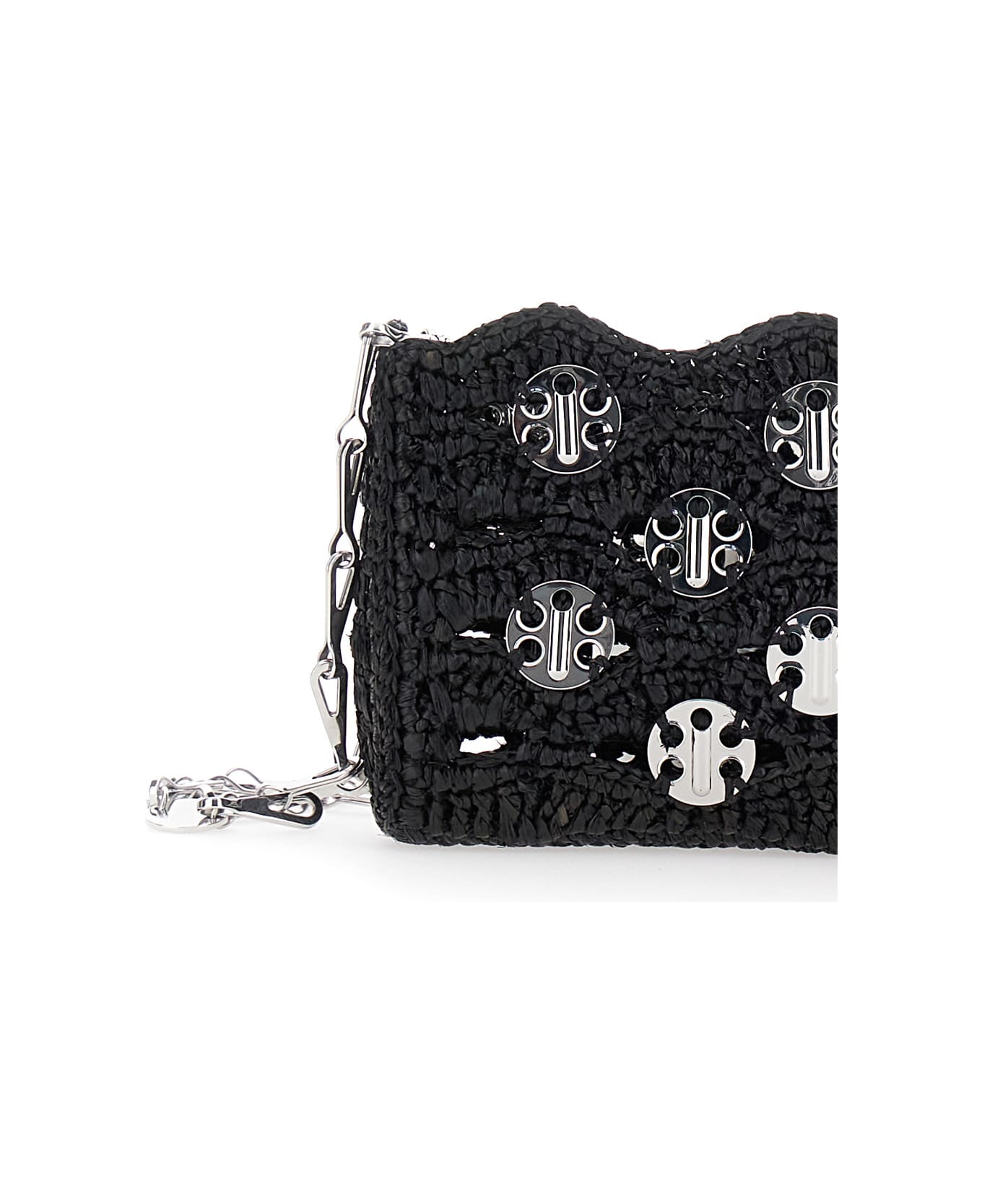 Paco Rabanne Black Shoulder Bag With Chain-link Shoulder Strap And Discs Detail In Raphia Woman - Black