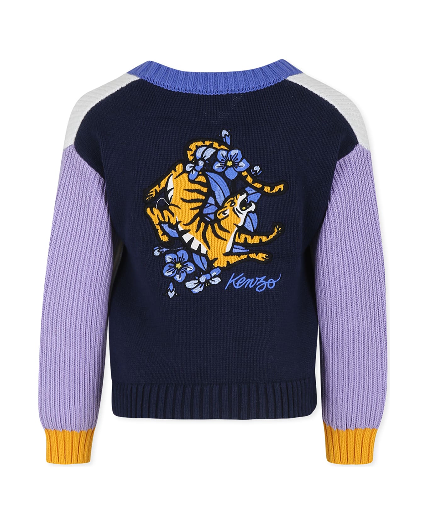Kenzo Kids Ivory Cardigan For Girl With Flowet Motif And Tiger - Multicolor