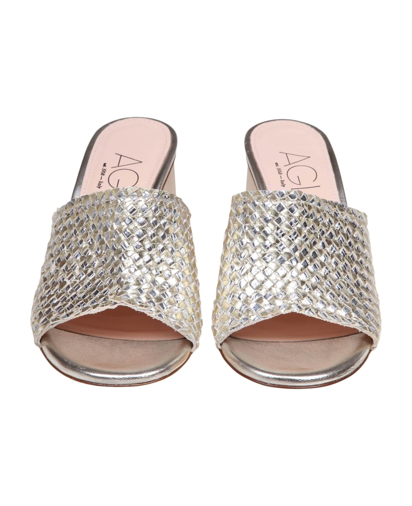 AGL Dorica Slides In Silver And Gold Woven Leather - Silver サンダル