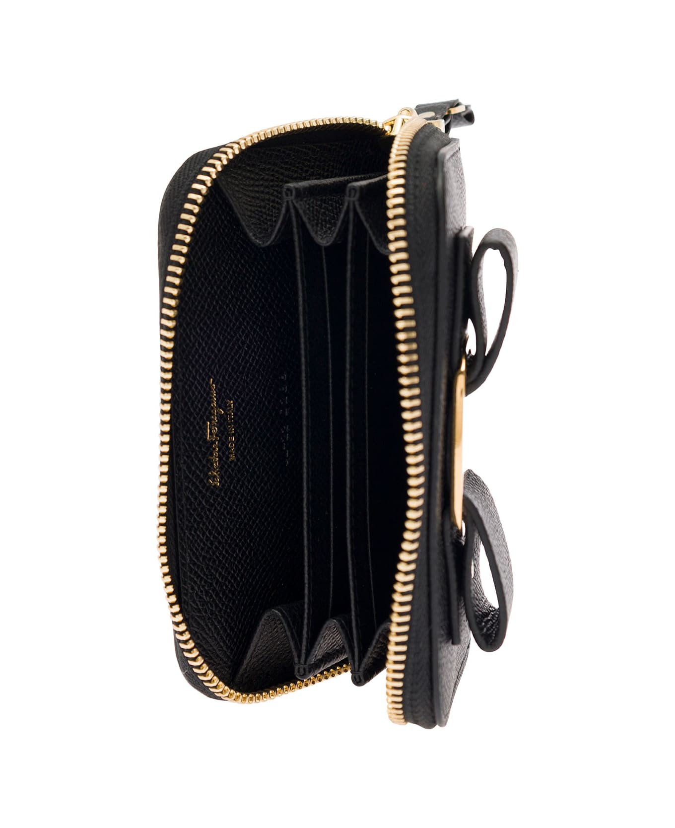 Ferragamo 'vara' Black Card-holder With Bow And Logo Detail In Hammered Leather Woman - Black アクセサリー