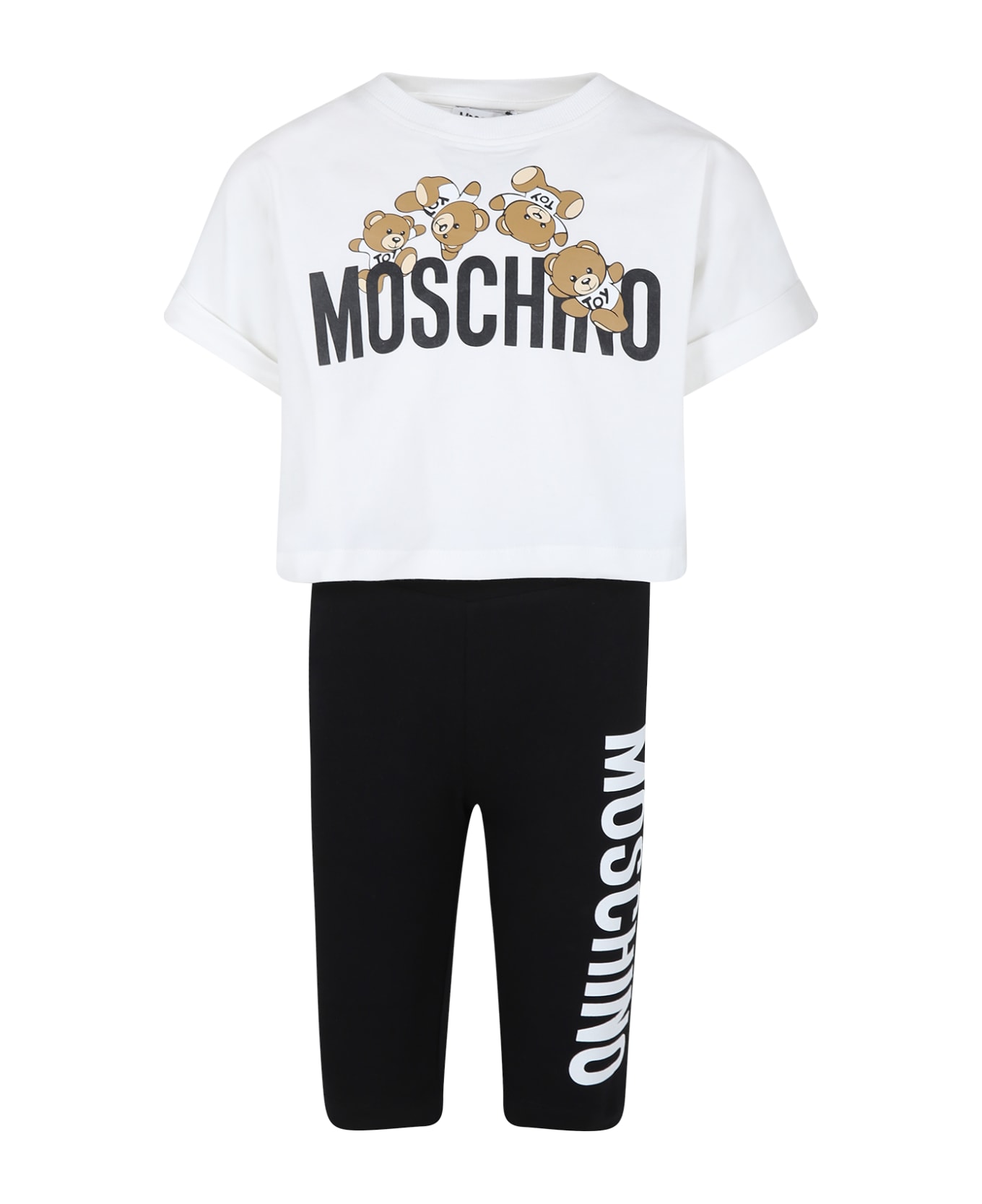 Moschino White Suit For Girl With Teddy Bear And Logo - White
