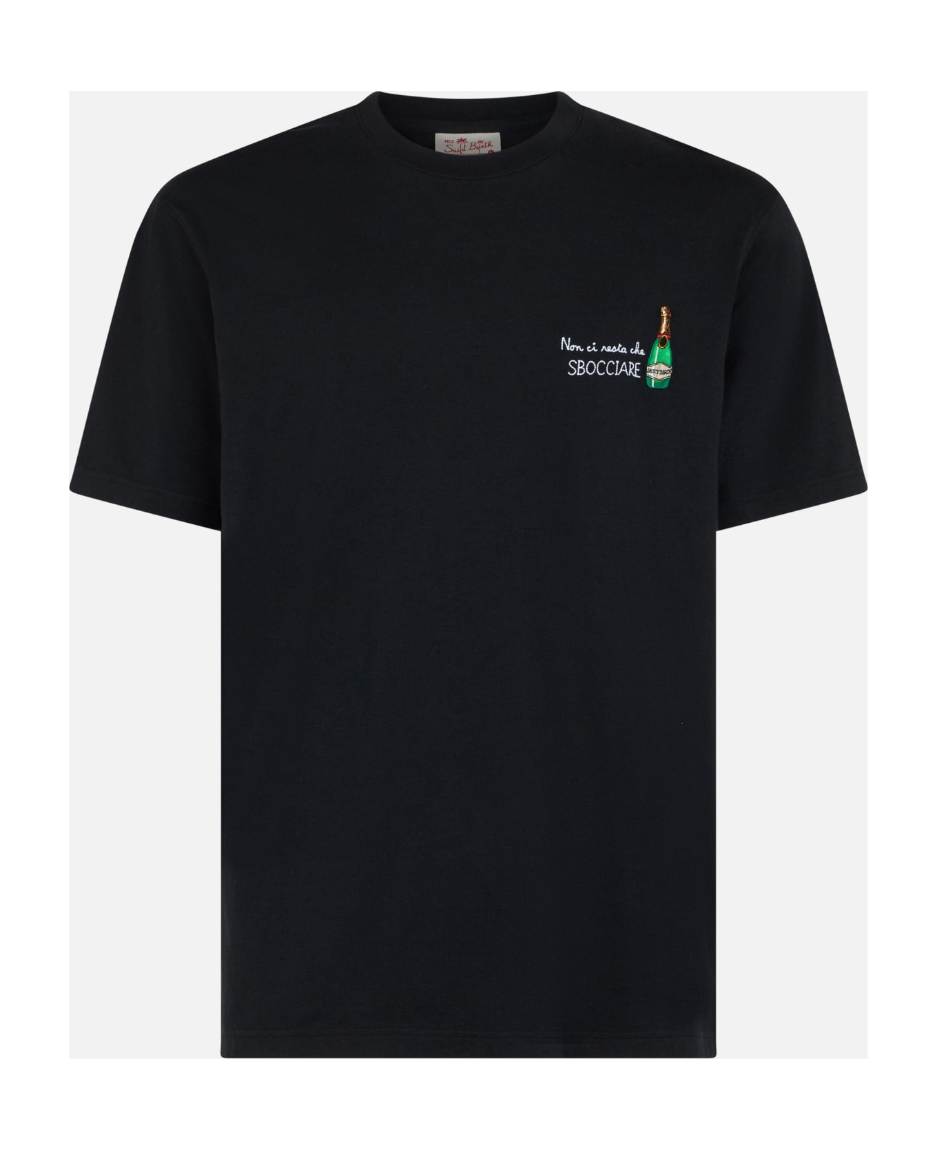 MC2 Saint Barth Man Classic Fit Cotton Jersey T-shirt Portofino With Non Ci Resta Che Sbocciare Embroidery - BLACK