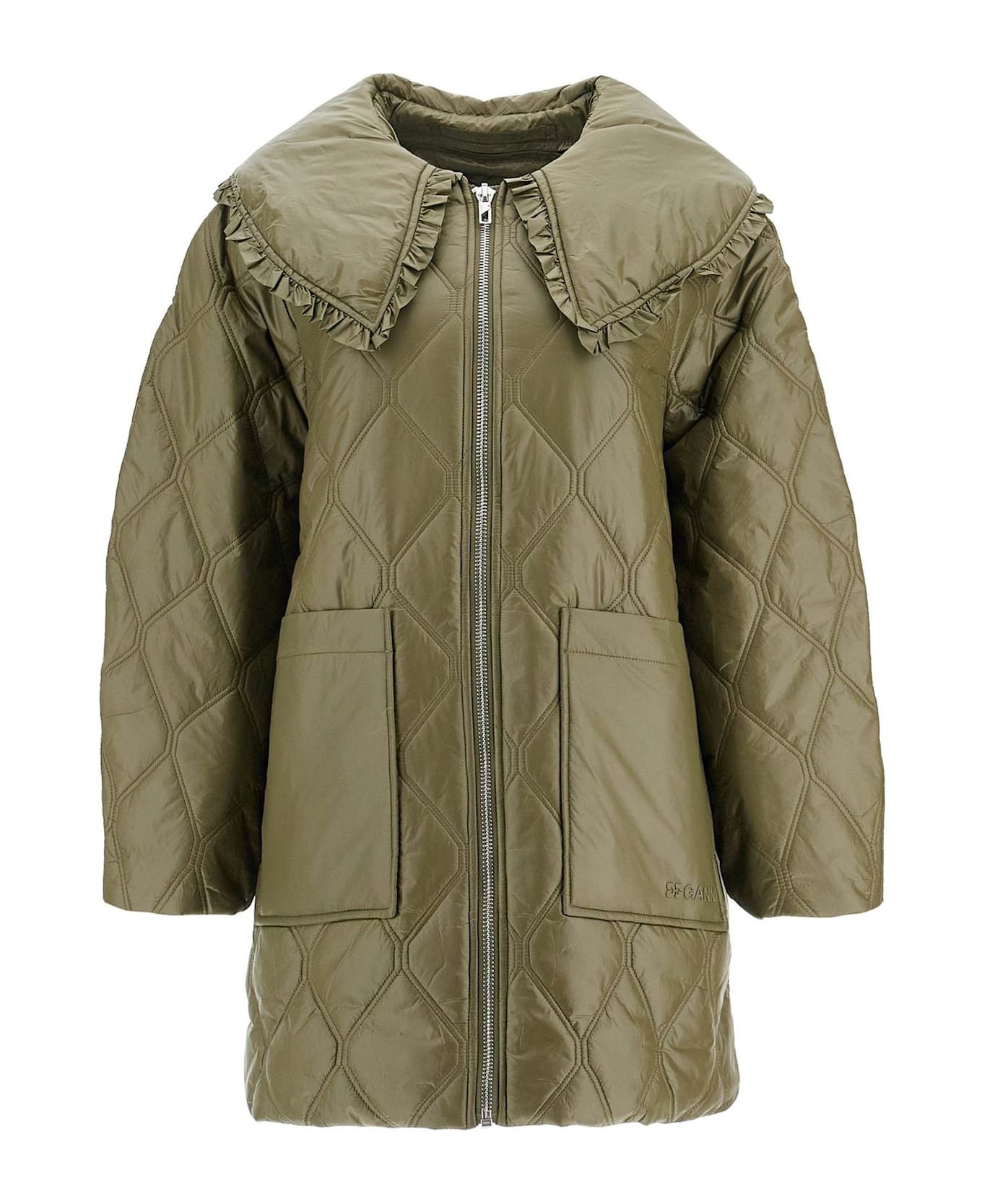 Ganni Lightweight Down Jacket With Oversized Collar - KALAMATA (Green)