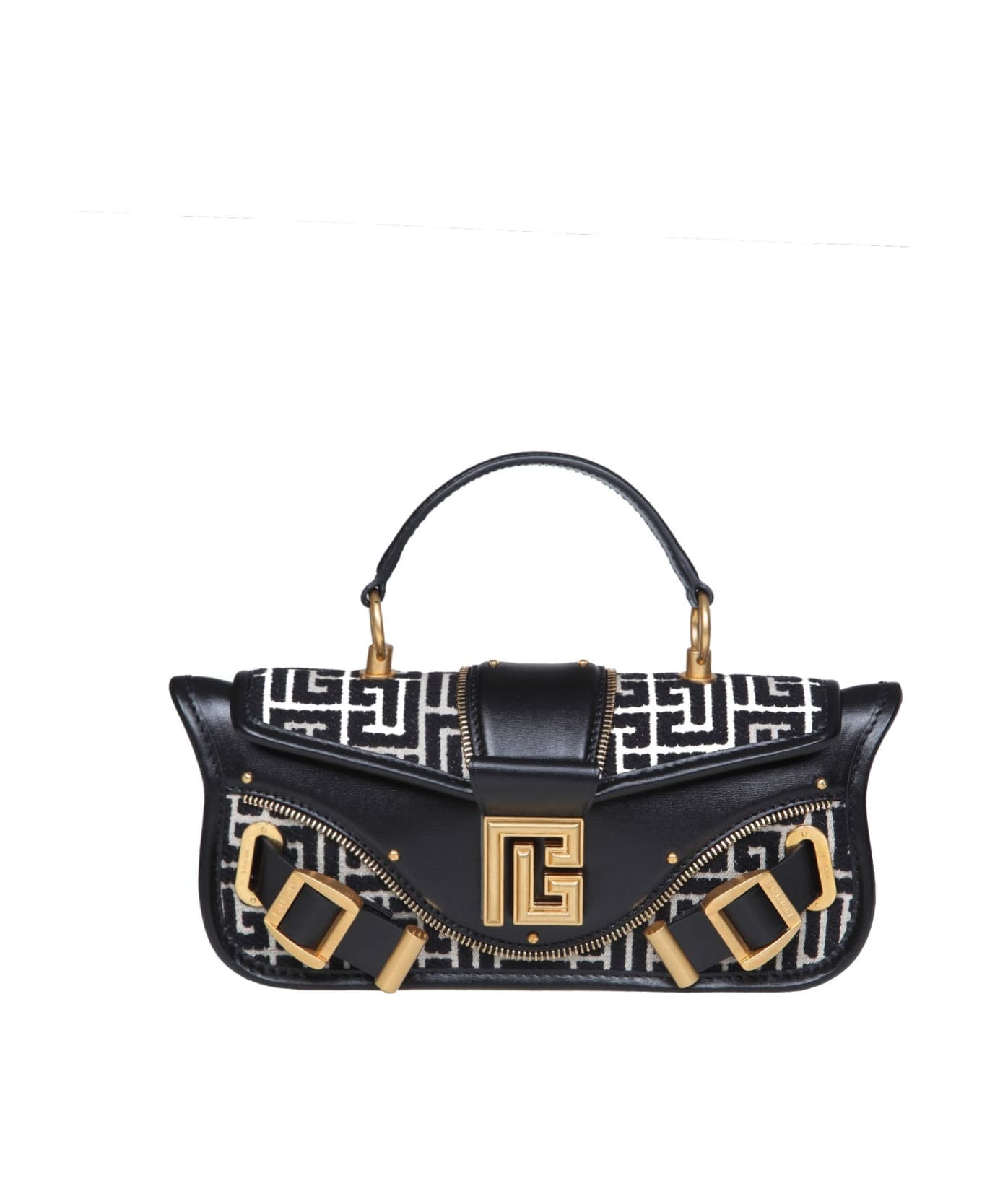 Balmain Baguette Blaze Piuch-box In Leather And Monogram Fabric - Ivory/Black