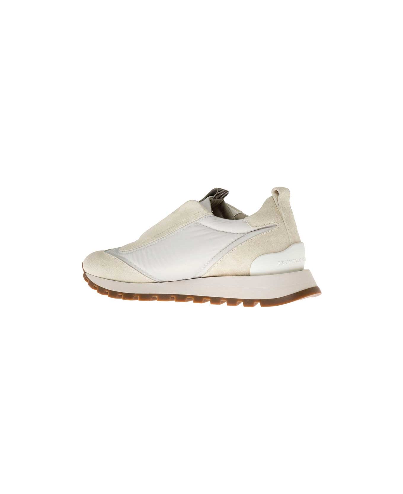 Brunello Cucinelli White Sneakers With Monile Insert In Suede And Fabric Woman - White