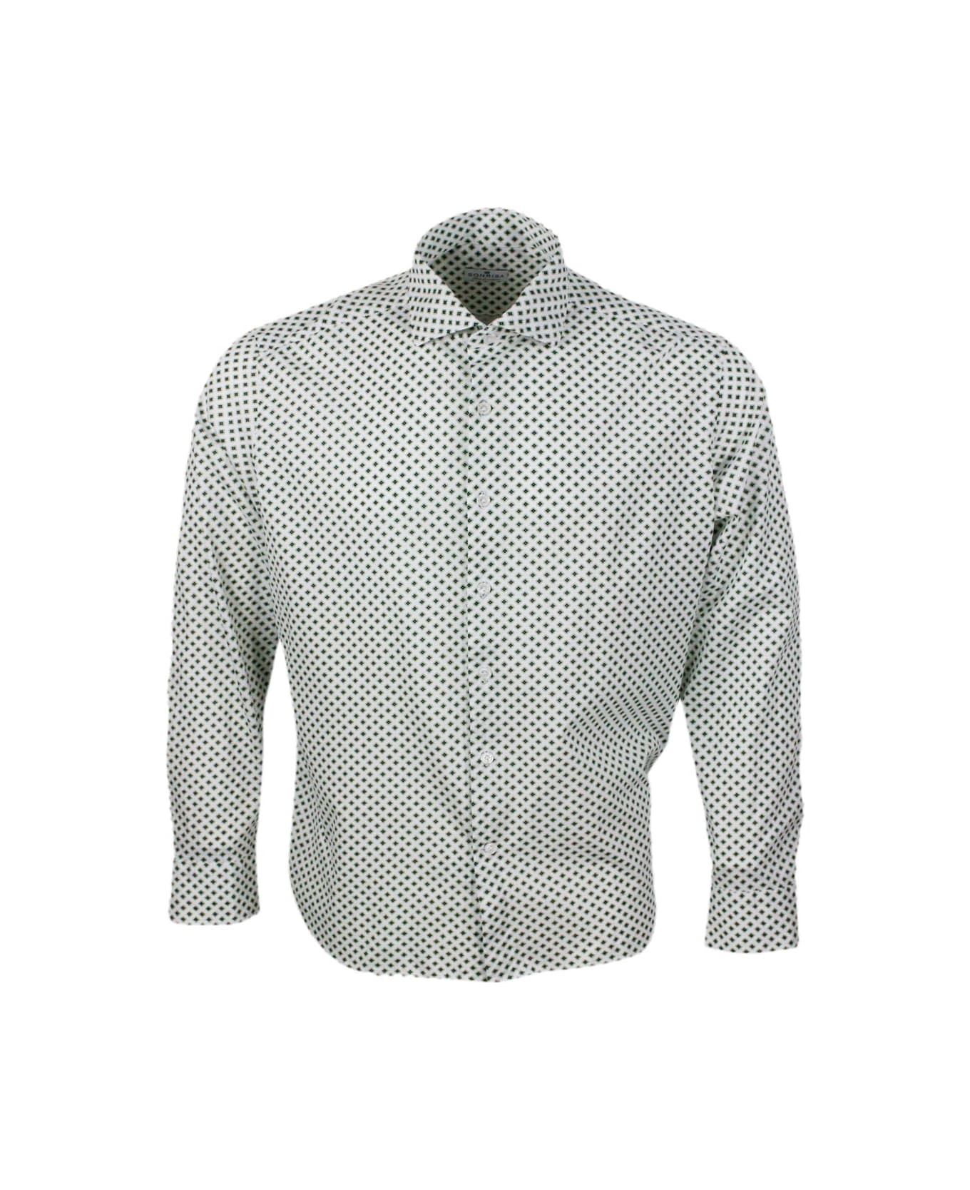 Sonrisa Luxury Shirt In Soft, Precious And Very Fine Stretch Cotton Flower With French Collar In A Small Four-leaf Clover Micro-pattern Print - White