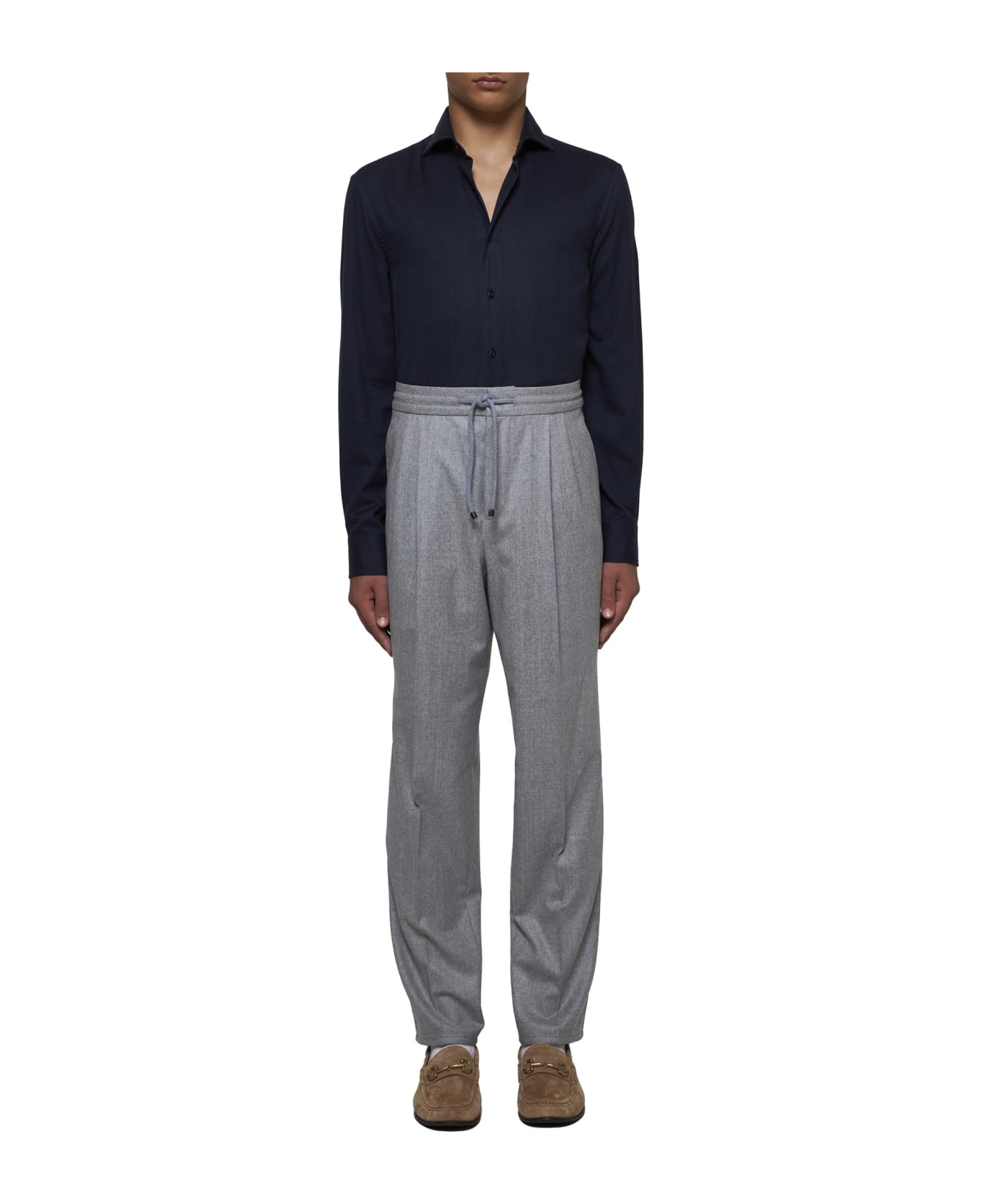 Brunello Cucinelli Slim Fit Shirt In Stretch Cotton Chevron Flannel - Blue