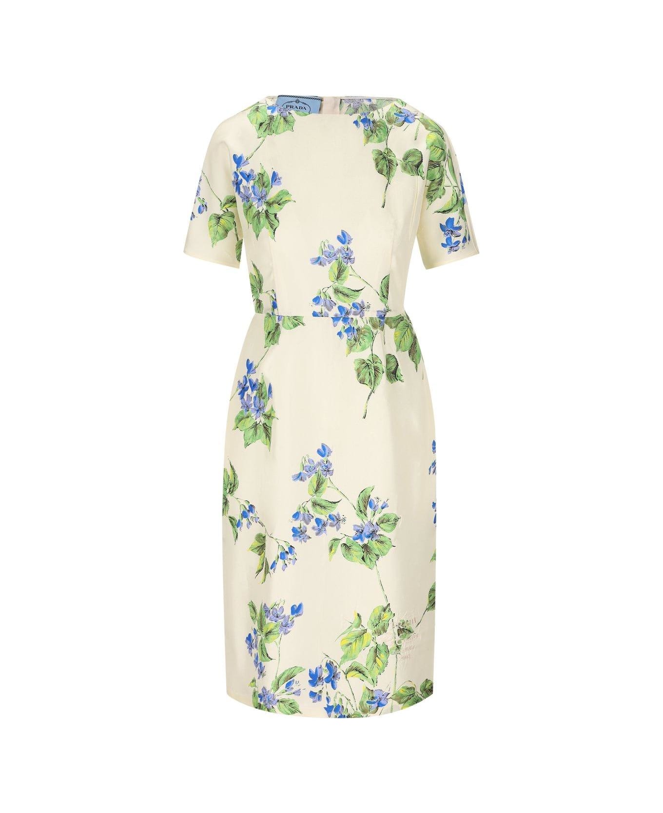 Prada embossed-logo Floral Print Short-sleeve Dress