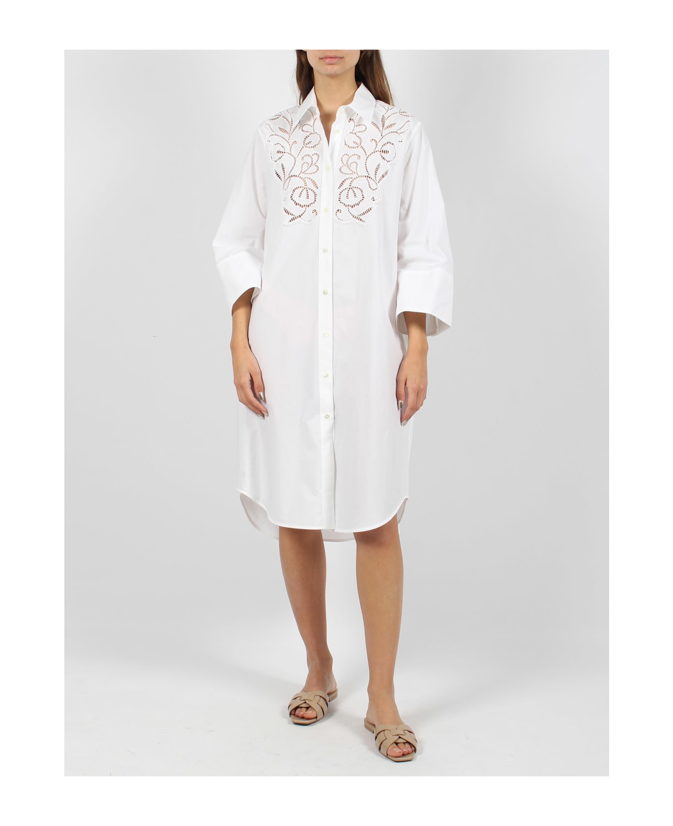 Parosh Canyox Lace Embroidery Shirt Dress - White