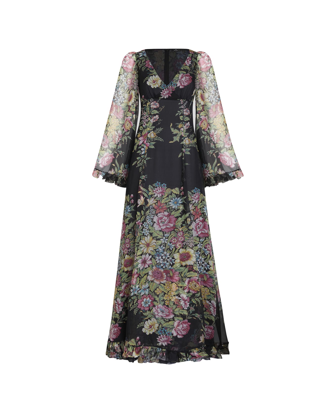 Etro Silk Long Dress With Floral Motif - Black