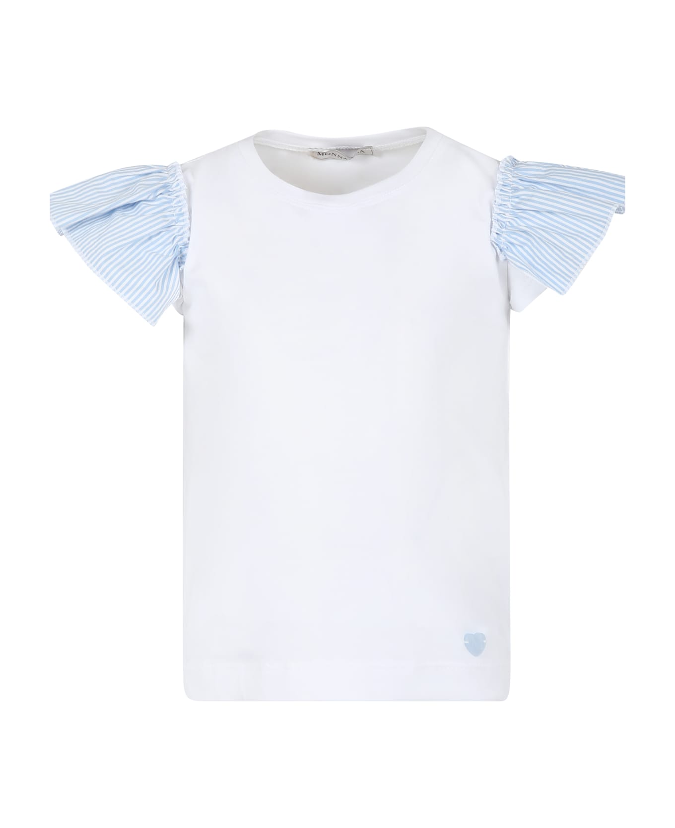 Monnalisa White T-shirt For Girl With Light Blue Hearts - White Tシャツ＆ポロシャツ