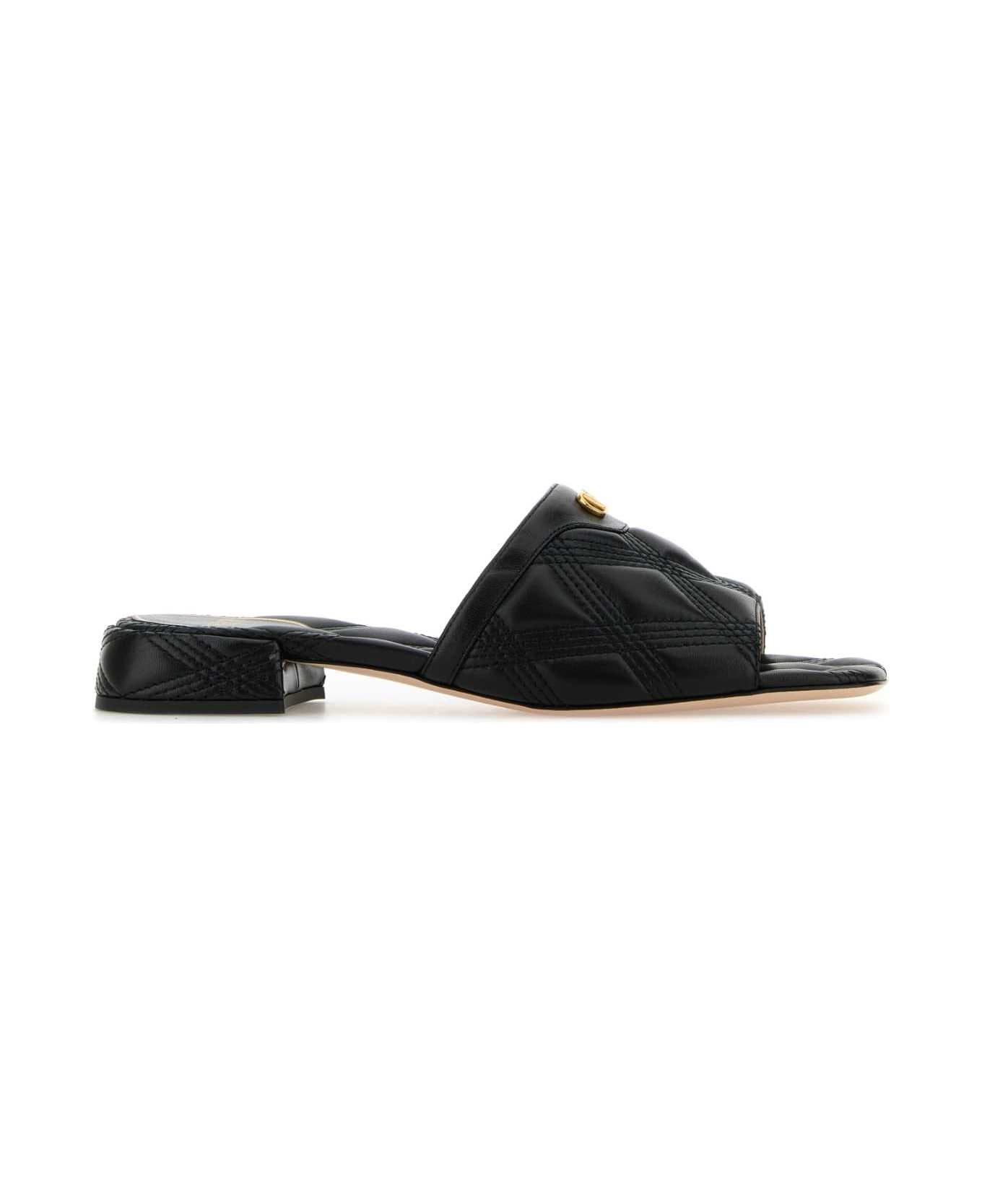 Valentino Garavani Black Leather Quiltie Slippers - NERO