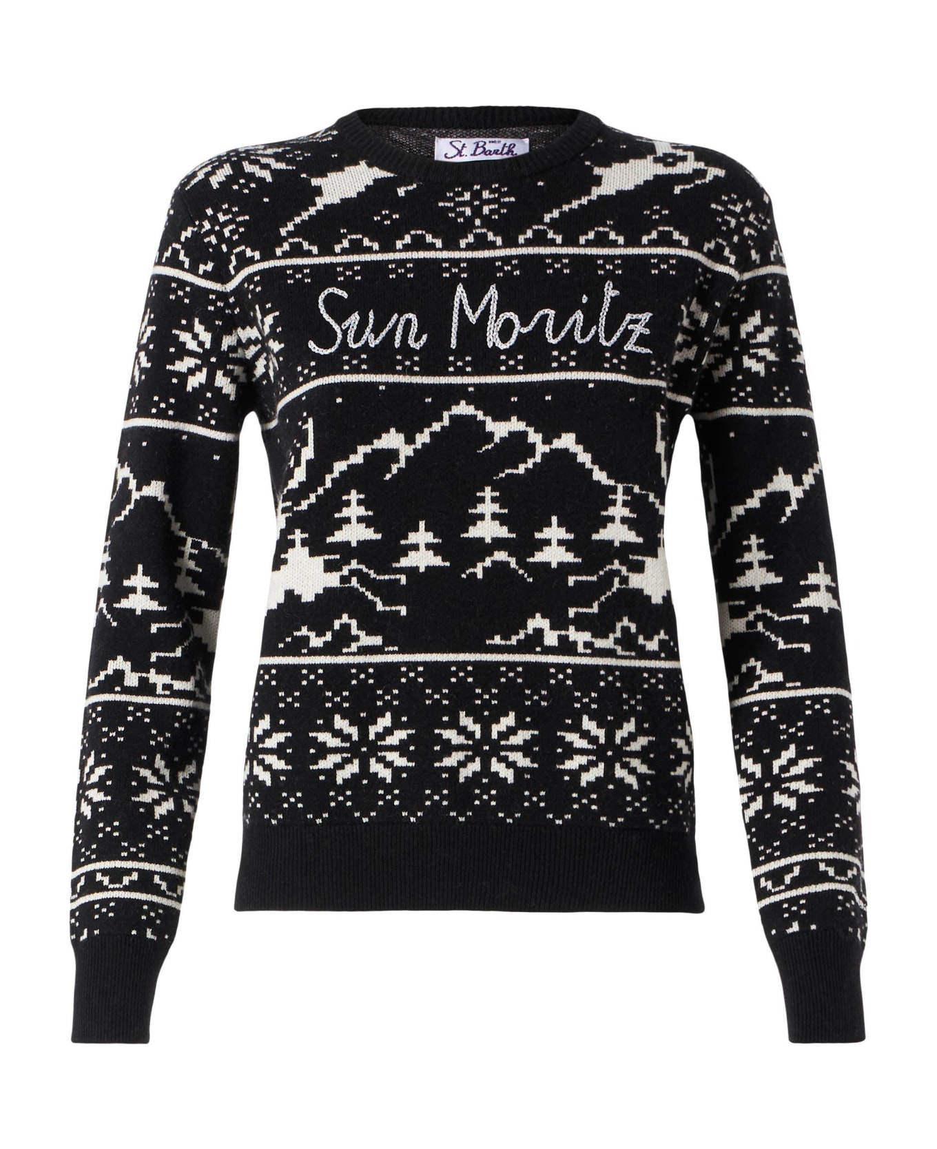 MC2 Saint Barth Woman Sweater With Norwegian Style Print And Sun Moritz Embroidery - BLACK