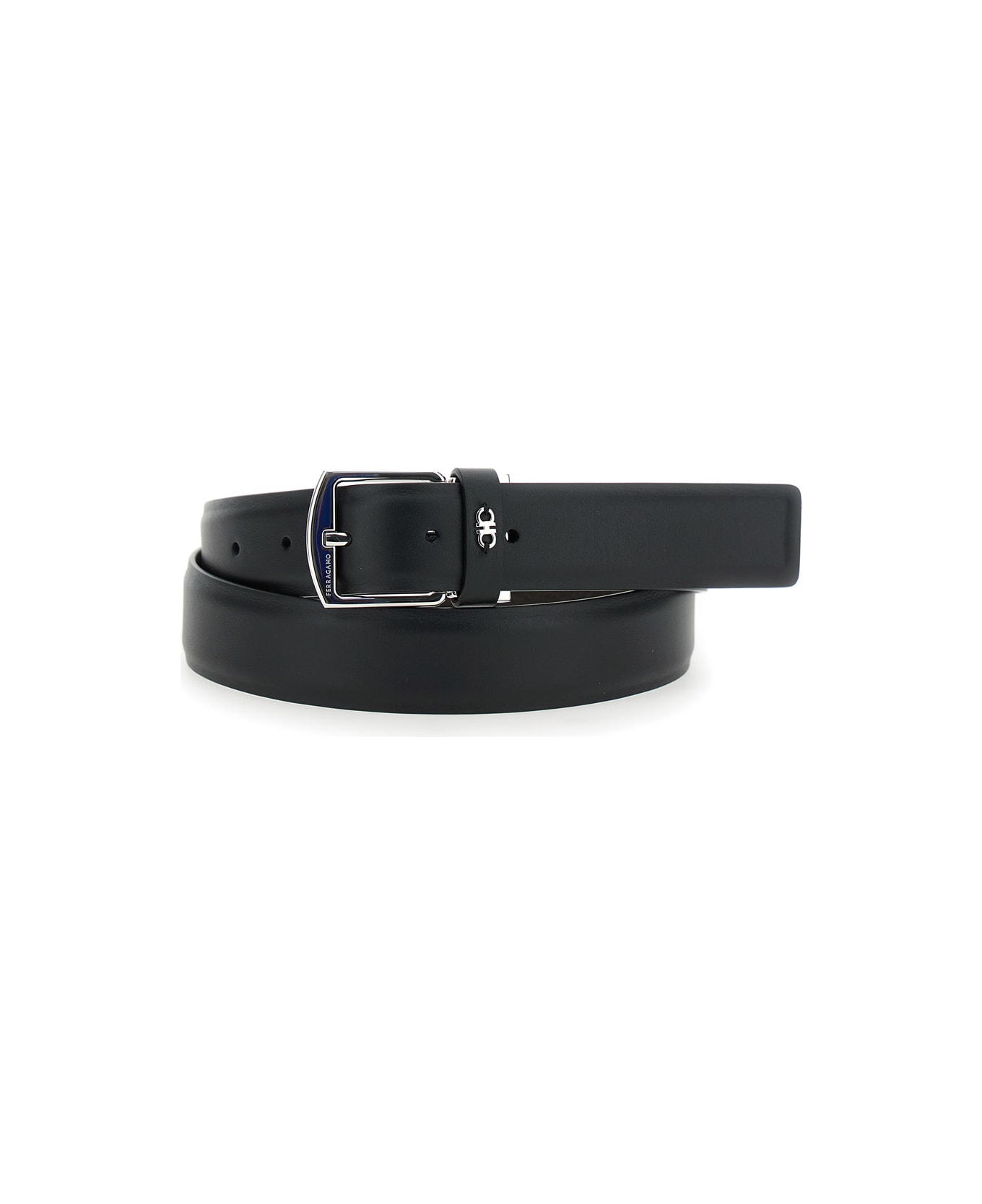 Ferragamo Black Belt With Gancini Detail On The Front And Adjustable Buckle In Leather Man - Black