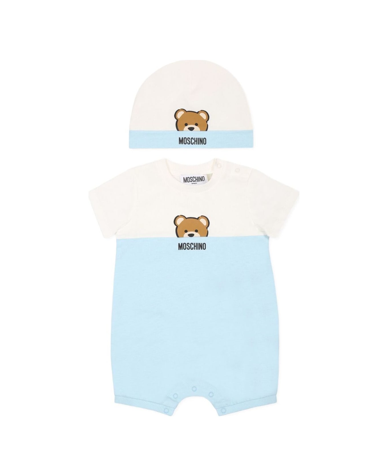 Moschino Light Blue Set With One-piece And Beanie With Logo Detail On The Front In Cotton Baby - Light blue