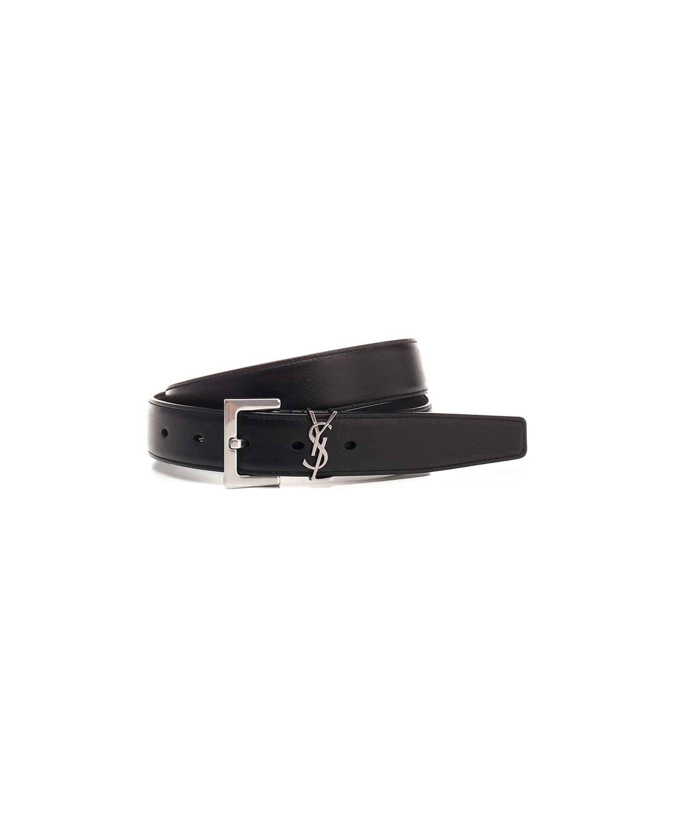 Saint Laurent Black Leather Belt With Silver Logo - BLACK