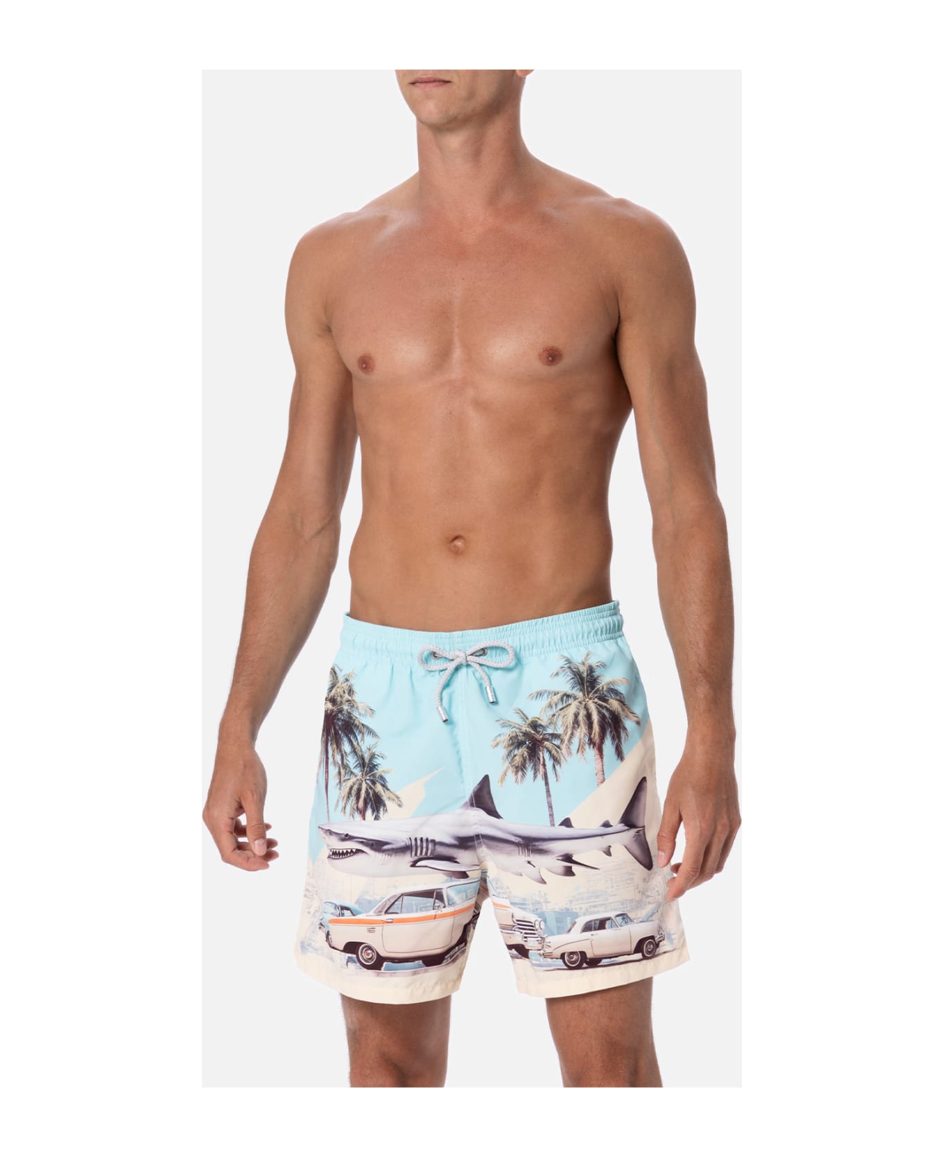 MC2 Saint Barth Man Mid-length Gustavia Swim-shorts With Car And Shark Placed Print | Ai Co-created Design By Rickdick - Powered By Red - GREEN
