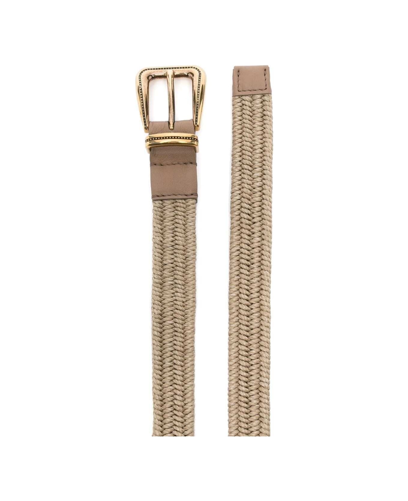 Brunello Cucinelli Beige Buckle-fastening Woven Belt In Leather And Linen - Grey