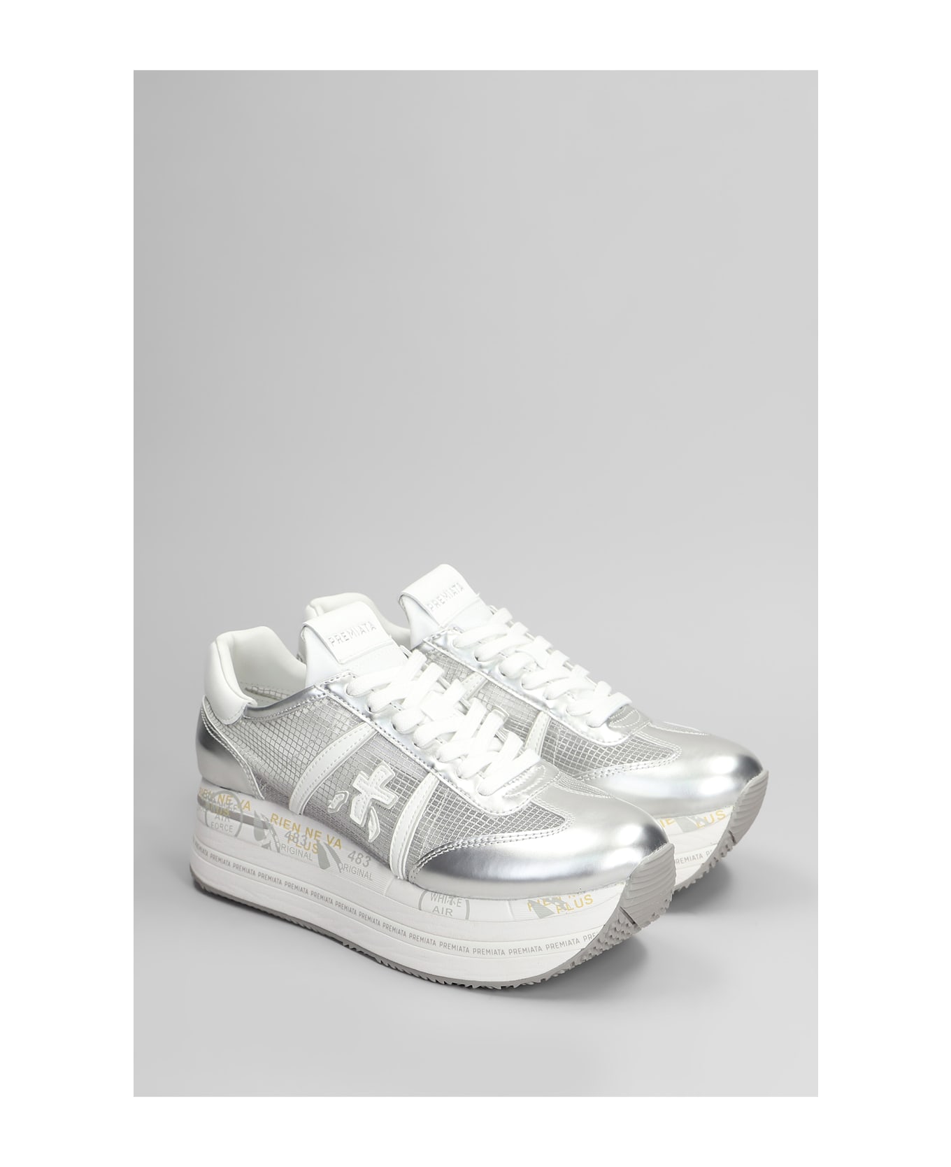 Premiata Beth Sneakers In Silver Leather And Fabric - silver