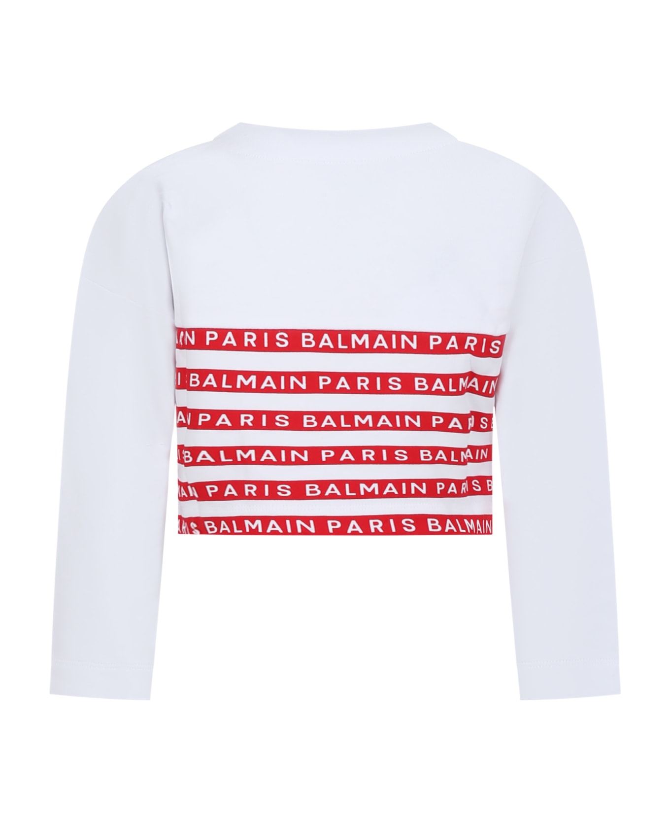 Balmain White Sweatshirt For Girl With Red Stripes And Logo - White