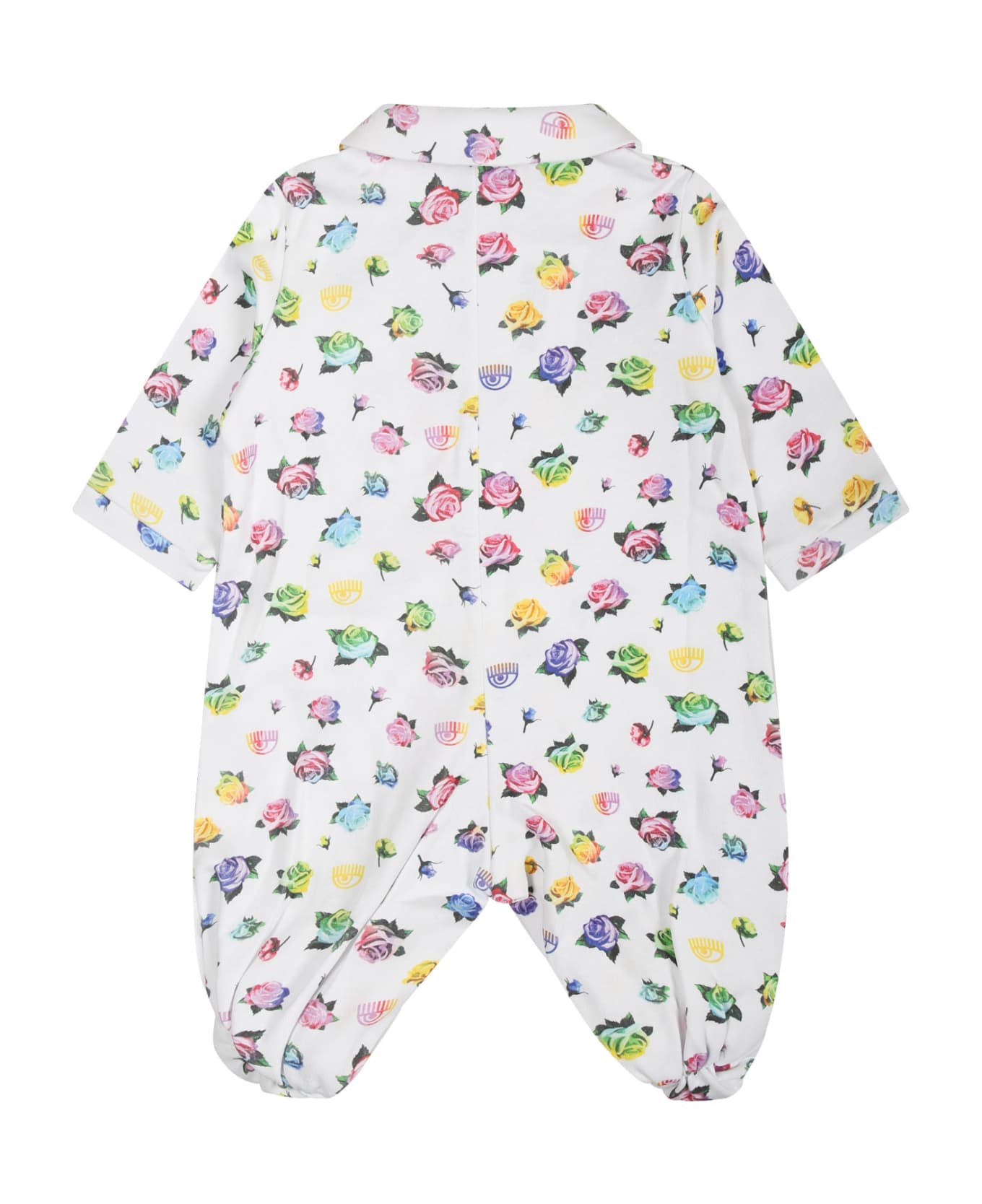 Chiara Ferragni Pink Playsuit For Baby Girl With Flirting Eyes And Multicolor Roses - White