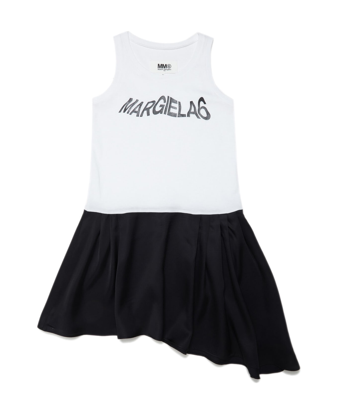 MM6 Maison Margiela Mm6d48u Dress Maison Margiela Black And White Sleeveless Jersey Dress With Asymmetric Skirt And Logo - White+Black