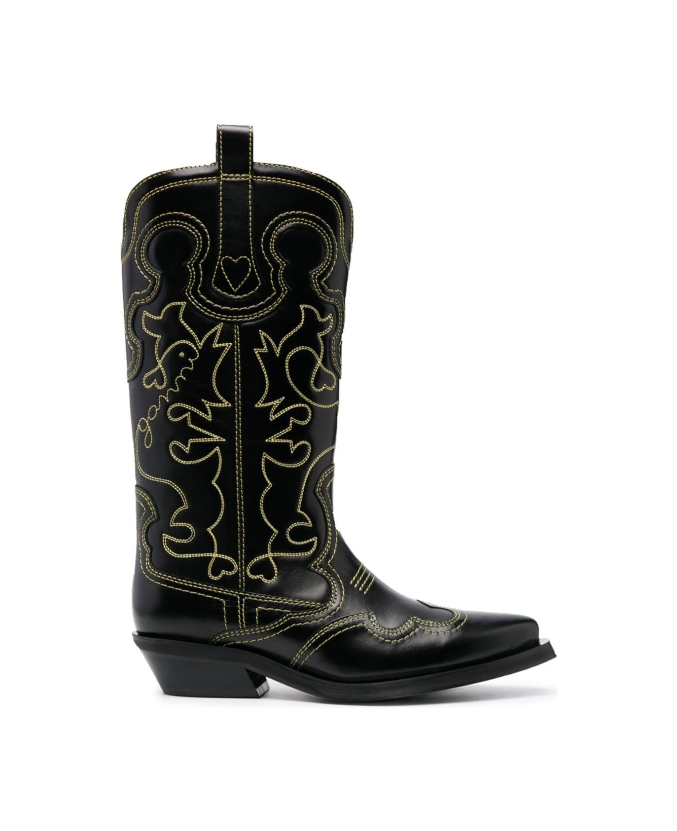 Ganni Black 'cowboy' Boots With Contrasting Embroidered Stitching In Leather Woman - Black ブーツ