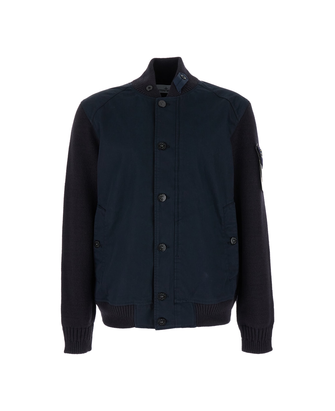 Stone Island Blue Jacket With Logo Patch And Buttons In Cotton Man - Blu