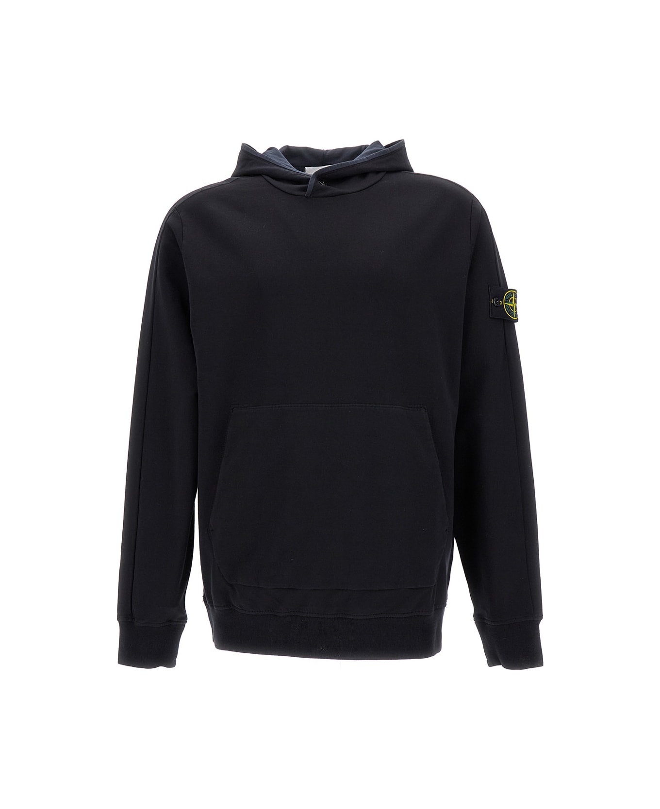 Stone Island Black Hooded Sweatshirt With Logo Application On Sleeve In Cotton Blend Man - Black