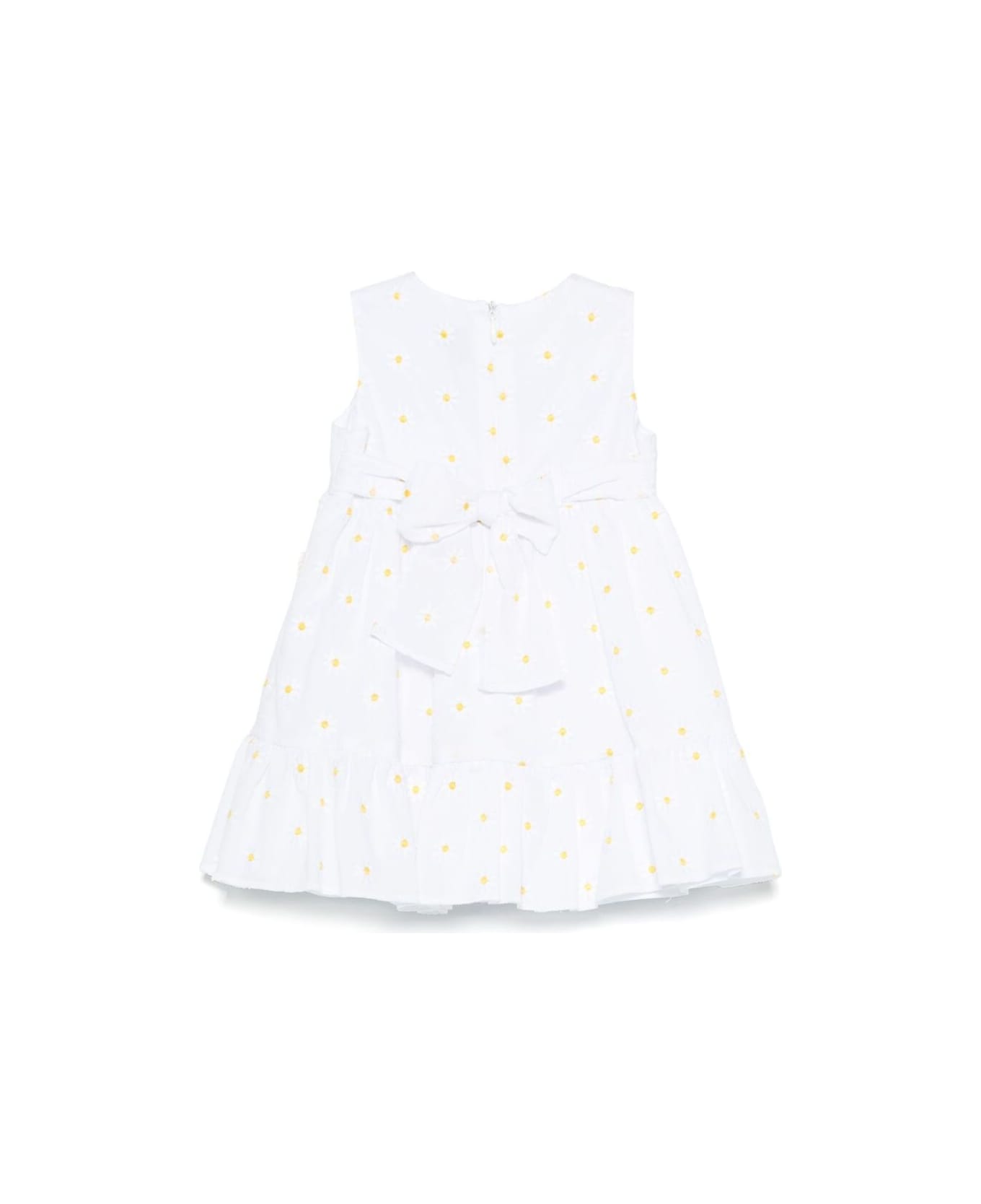 Il Gufo White Dress With All-over Embroidered Flowers And Waist Tie In Cotton Baby - White