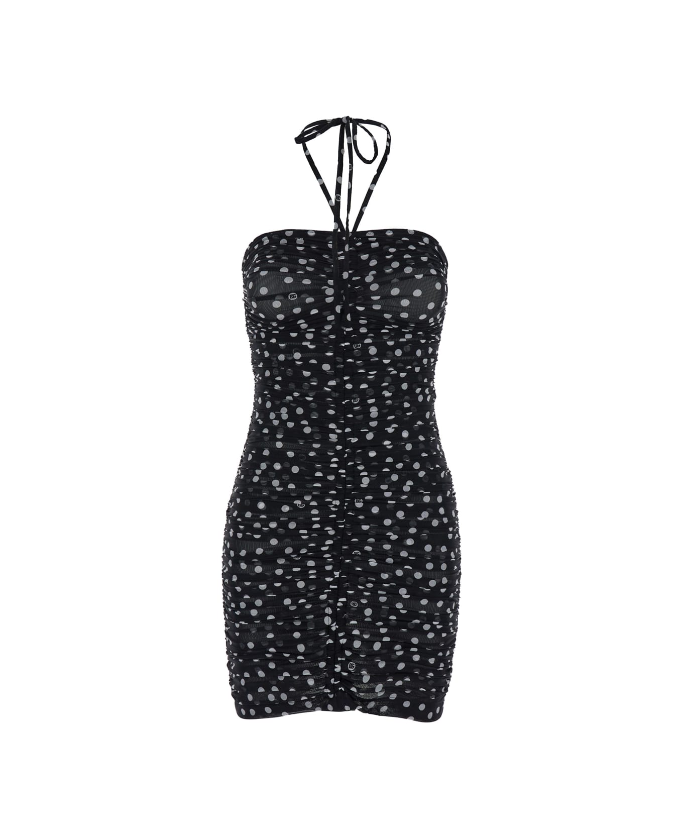 Dolce & Gabbana Mini Black Draped Dress With Polka Dots Print In Tulle Woman - Black
