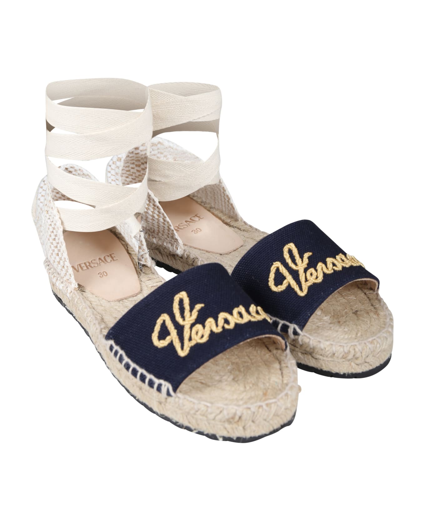 Versace Blue Sandals In Rope For Girl With Logo - Blue
