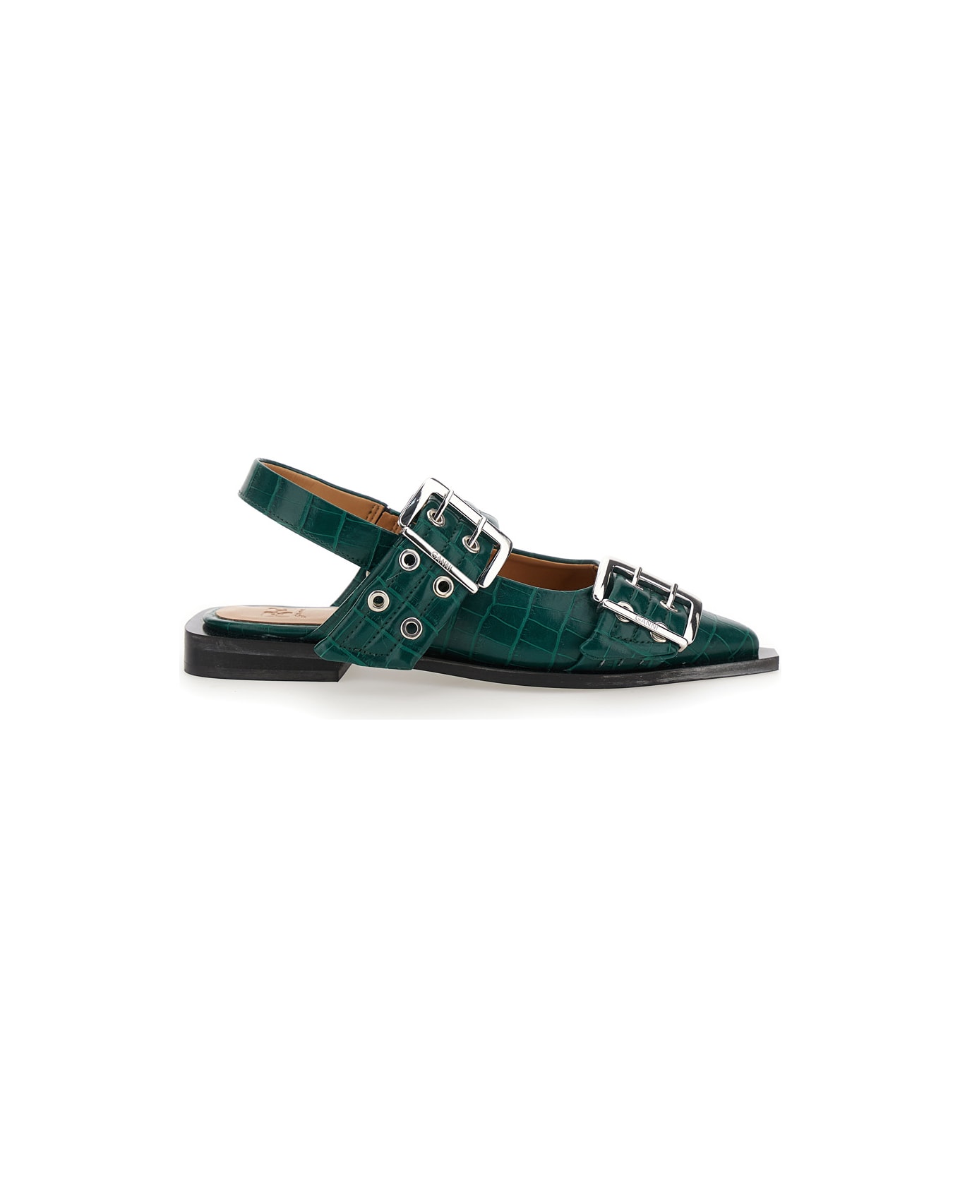 Ganni Green Ballet Shoes With Double Buckle And Pointed Design In Leather Woman - Green