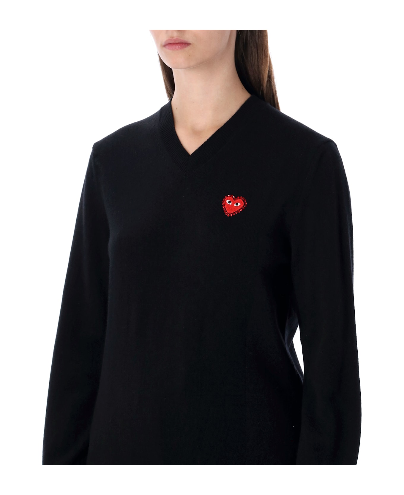 Comme des Garçons Play Wool V-neck Sweater With Red Heart And Crystals - BLACK