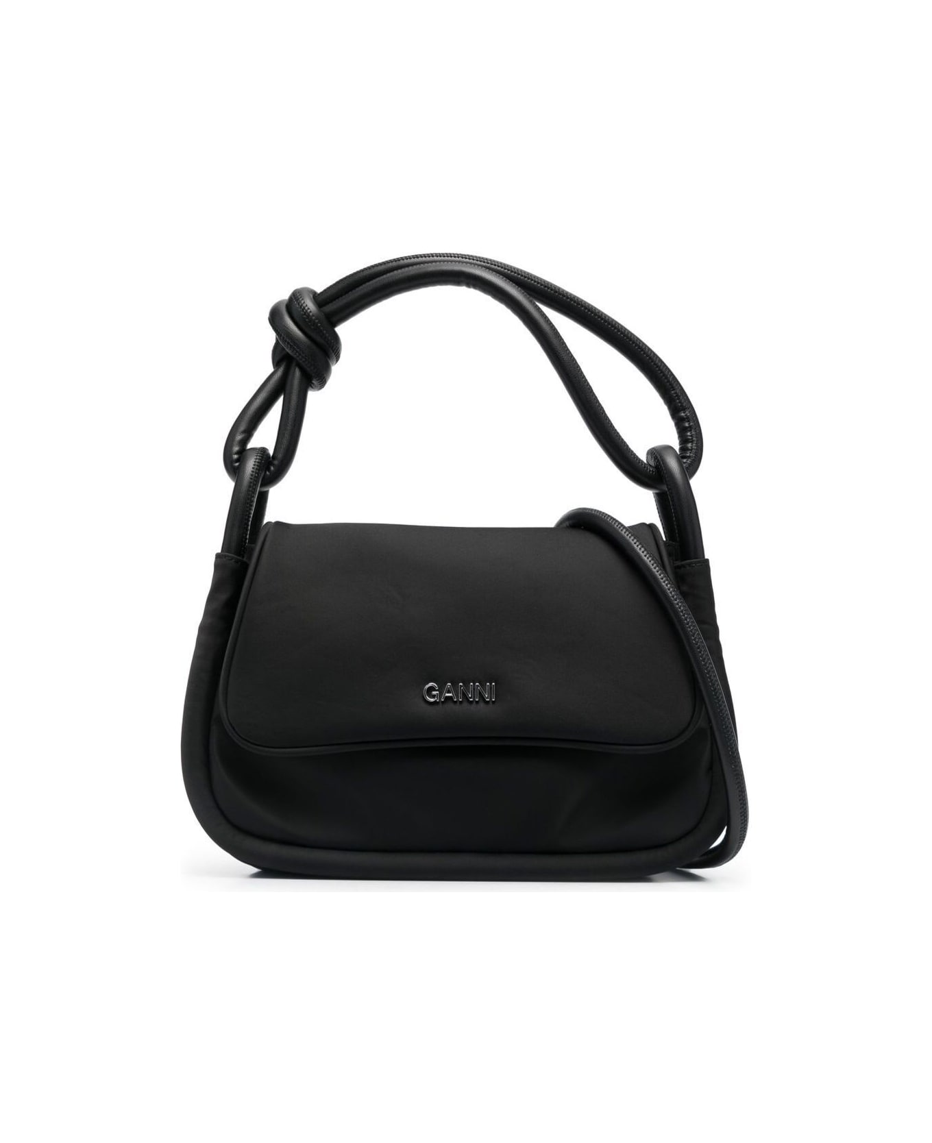 Ganni Black Knot Flap Over Tote Bag In Polyester Woman - Black ショルダーバッグ