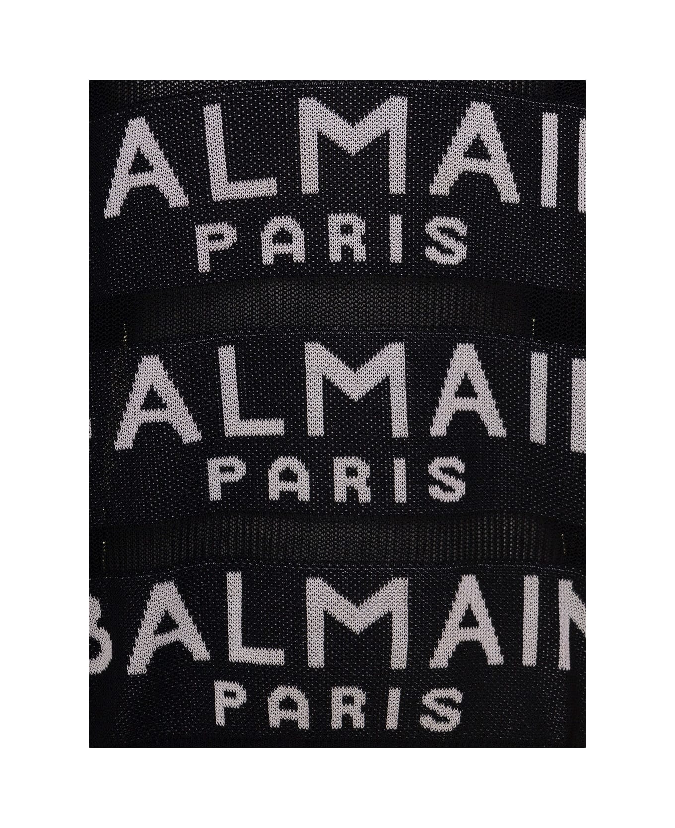 Balmain Black Knit Jumper With All-over Logo In Cotton Blend Man Balmain - Black