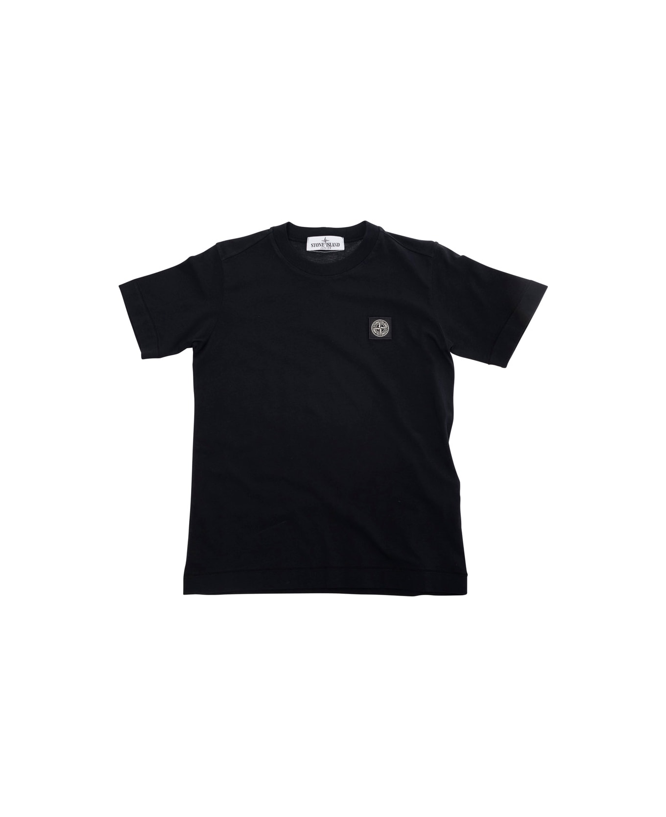 Stone Island Junior Black T-shirt With Round Neck And Logo Patch On The Front In Cotton Boy - Black