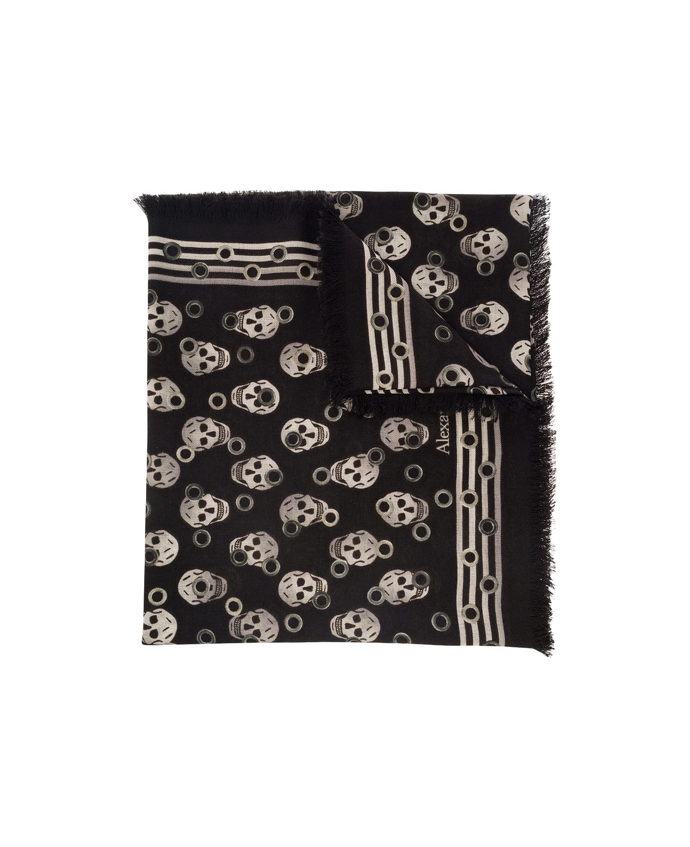 Alexander McQueen Black Scarf With All-over Skull Print And Fringed Hem In Wool Man - Black