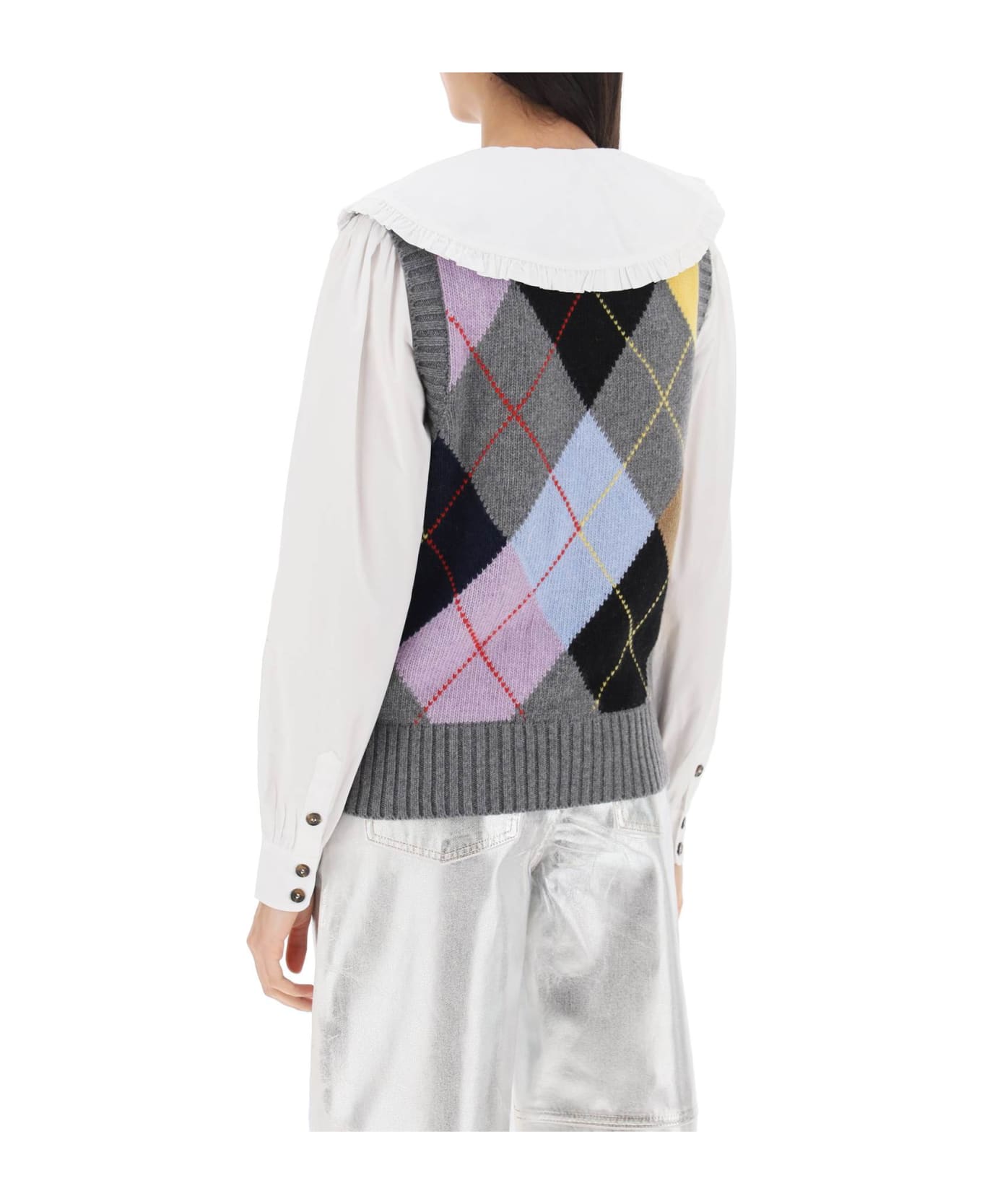 Ganni Harlequin Wool Mix Knit Vest - Frost Gray