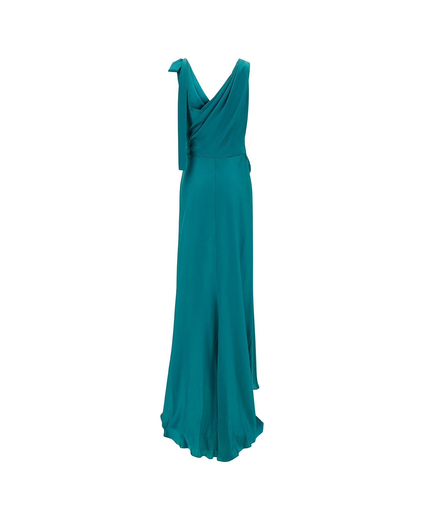 Alberta Ferretti Blue Long Draped Dress With V Neckline In Satin Woman - TEAL ワンピース＆ドレス