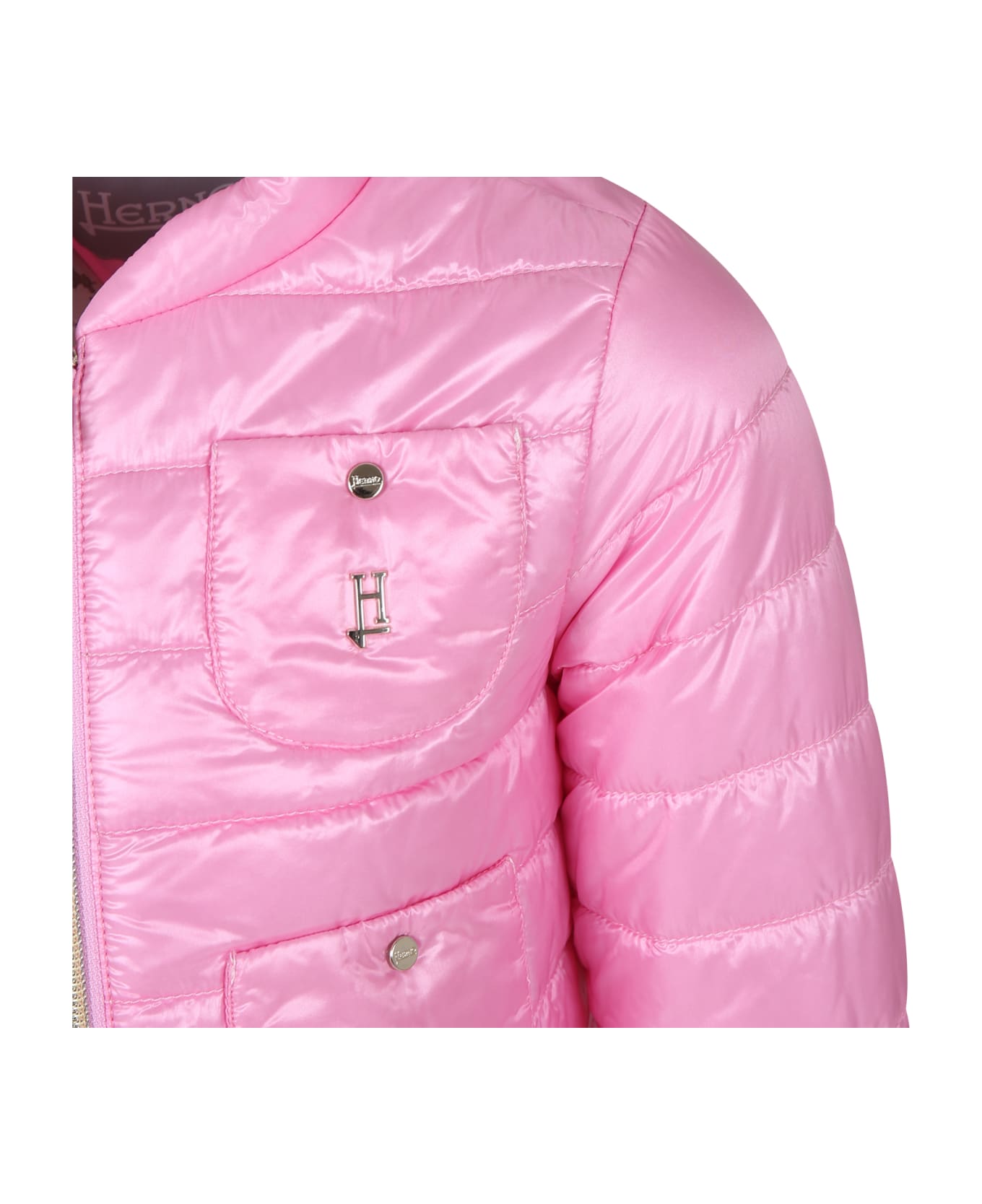 Herno Pink Short Down Jacket For Girl With Logo - Pink