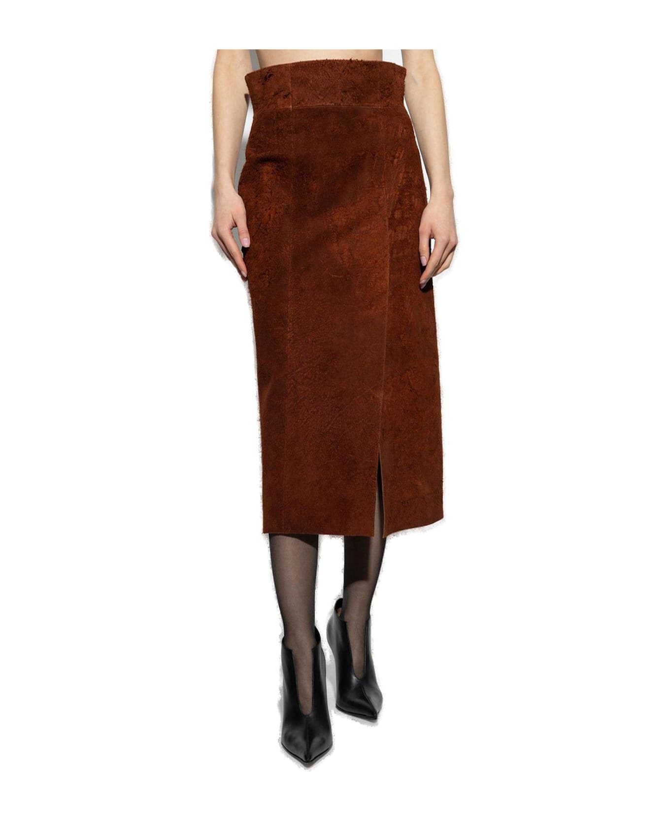 Alexander McQueen High Waist Front-slit Midi Skirt - Brown
