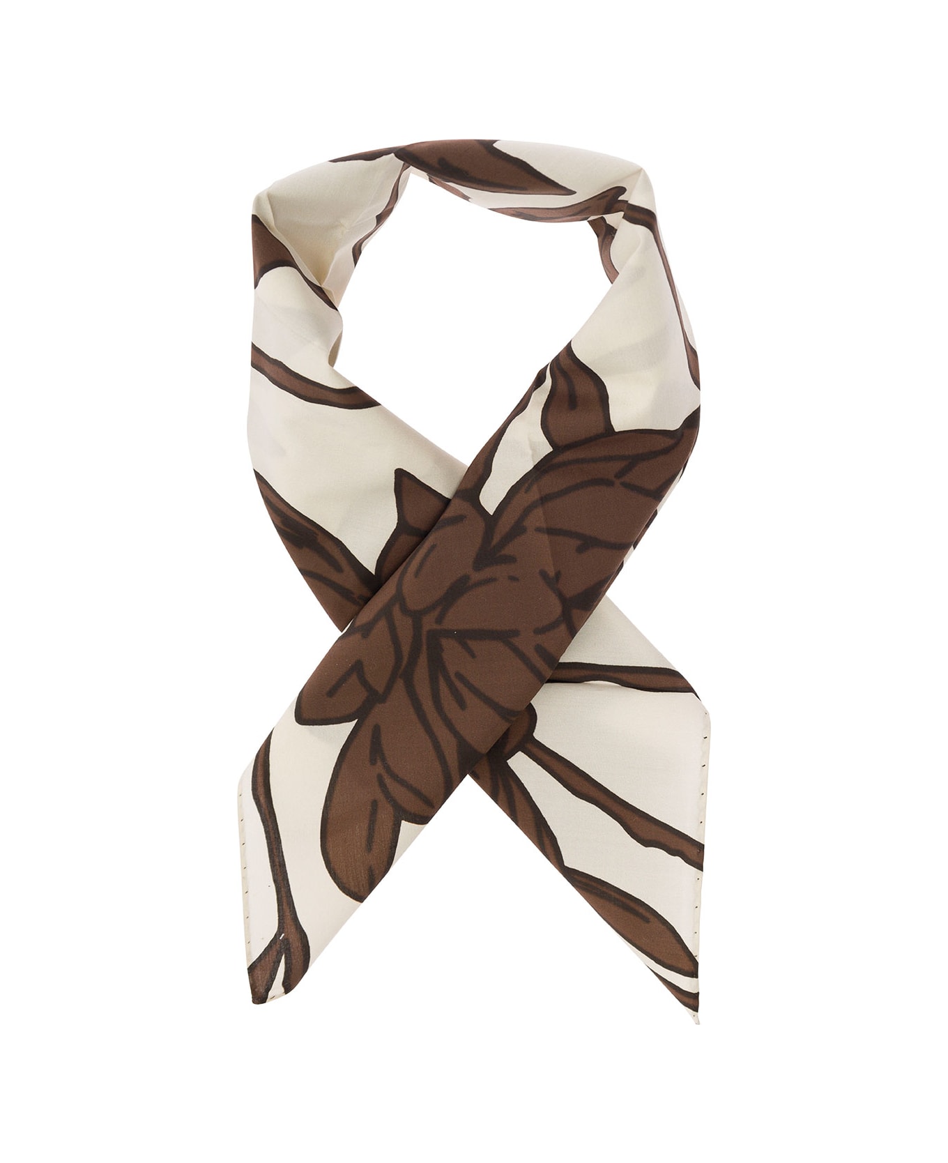 Brunello Cucinelli Brown And White Scarf With Floreal Print In Cotton Woman - Multicolor