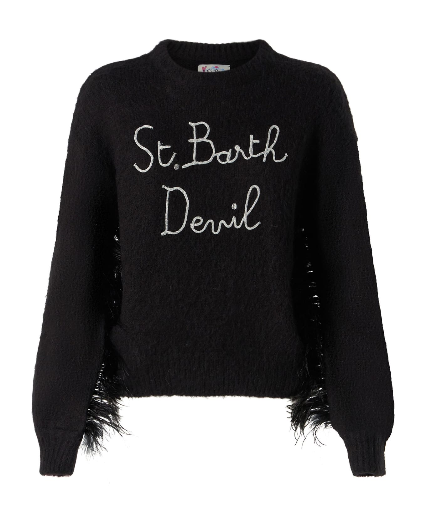 MC2 Saint Barth Woman Black Brushed Crewneck Sweater With Fringe - BLACK ニットウェア