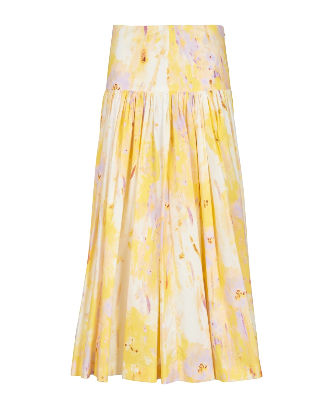 MSGM Flared Midi Skirt In Poplin With 'artsy Flower' Print - Yellow