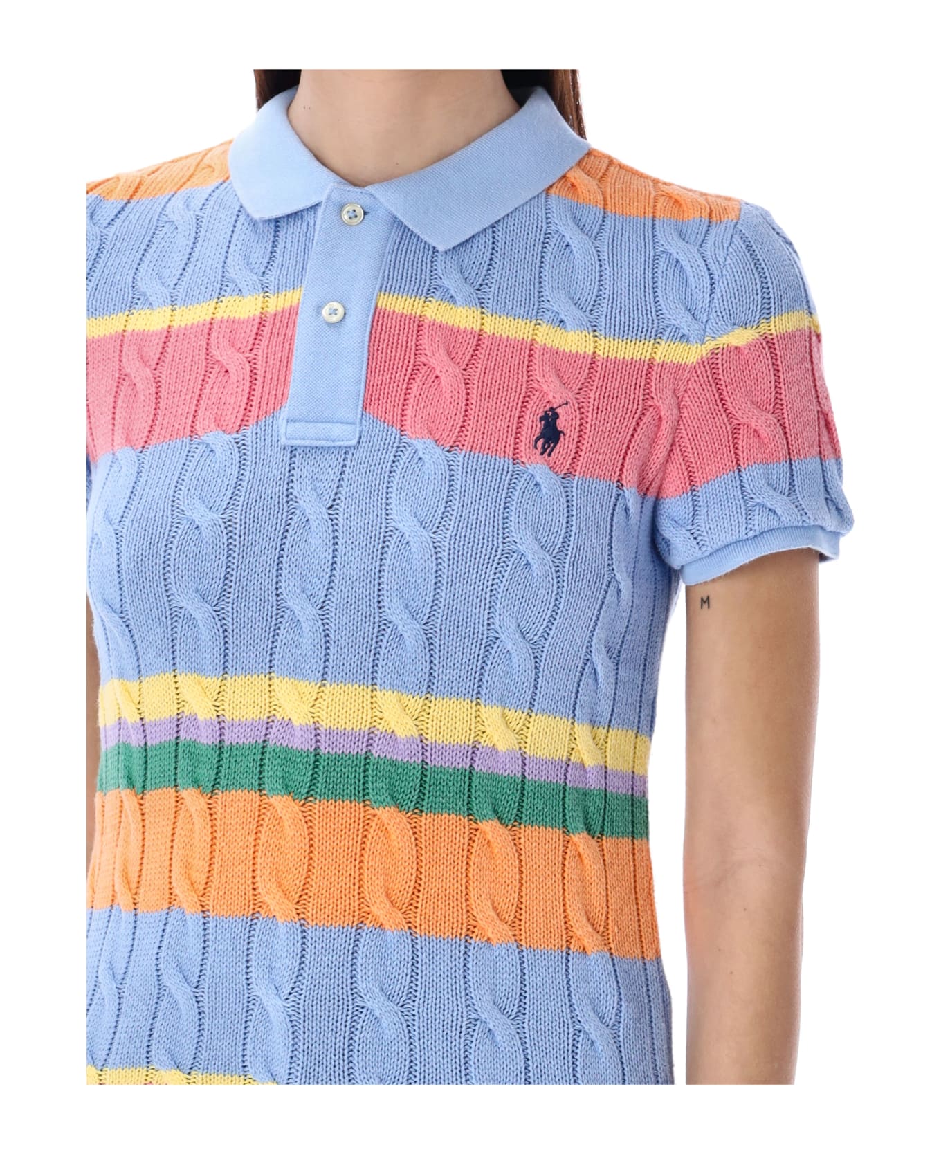 Polo Ralph Lauren Striped Cable Knit Polo Shirt - LIGHT BLUE ROSE MULTI