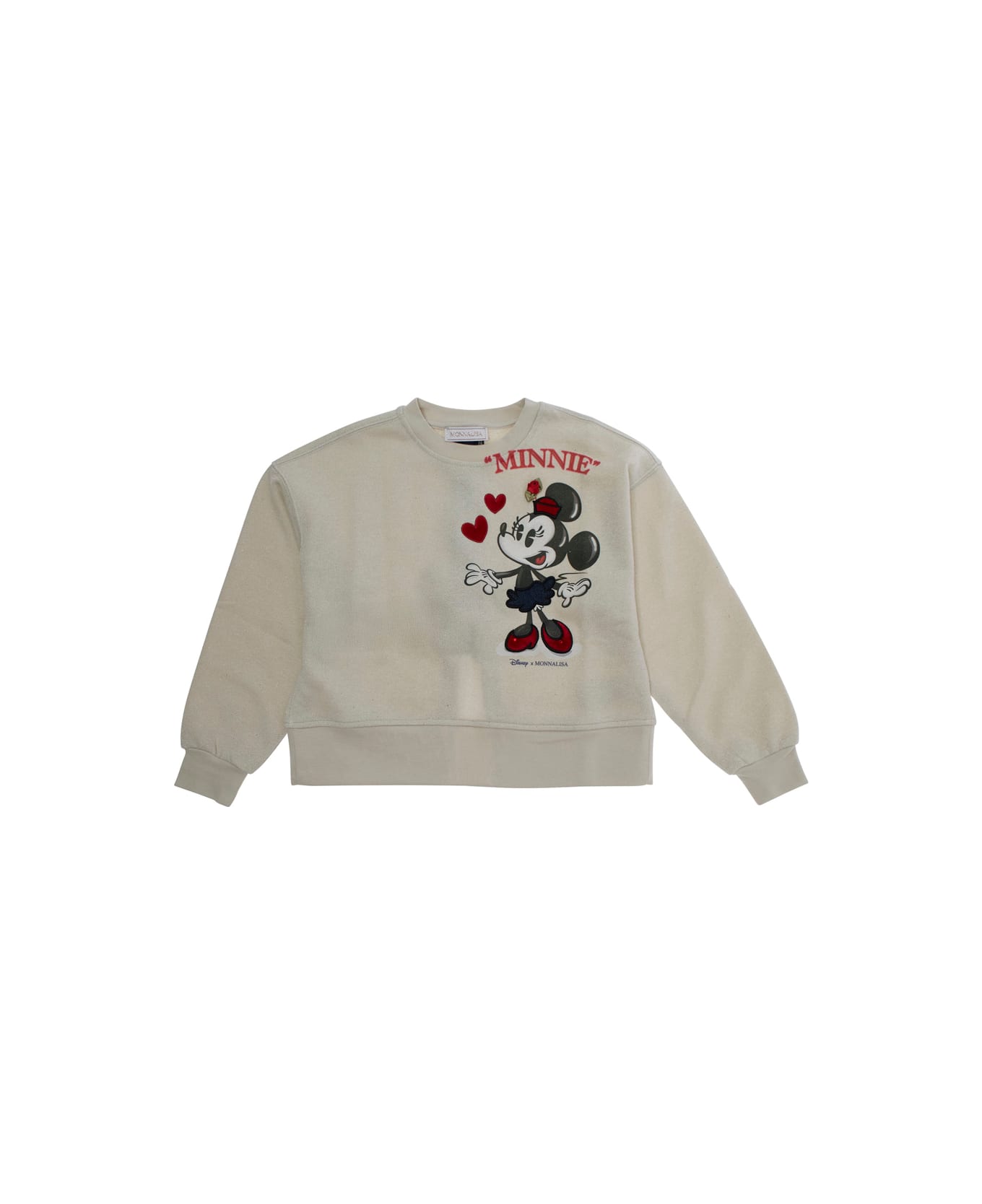 Monnalisa White Crewneck Sweatshirt With Print On The Front And Cut-out Detail On The Rear In Cotton Stretch Girl - White