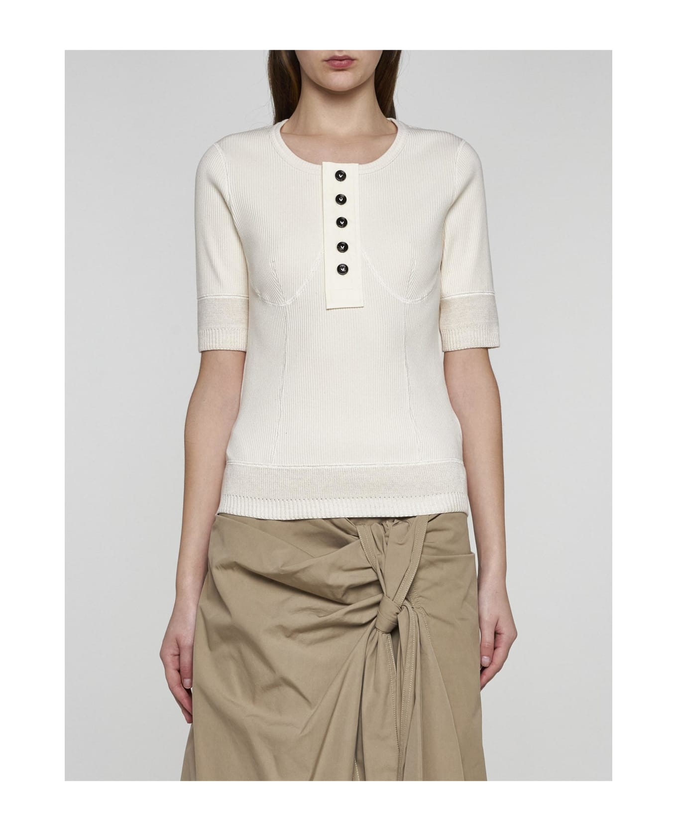 Bottega Veneta Ribbed Knit Cotton Top - IVORY