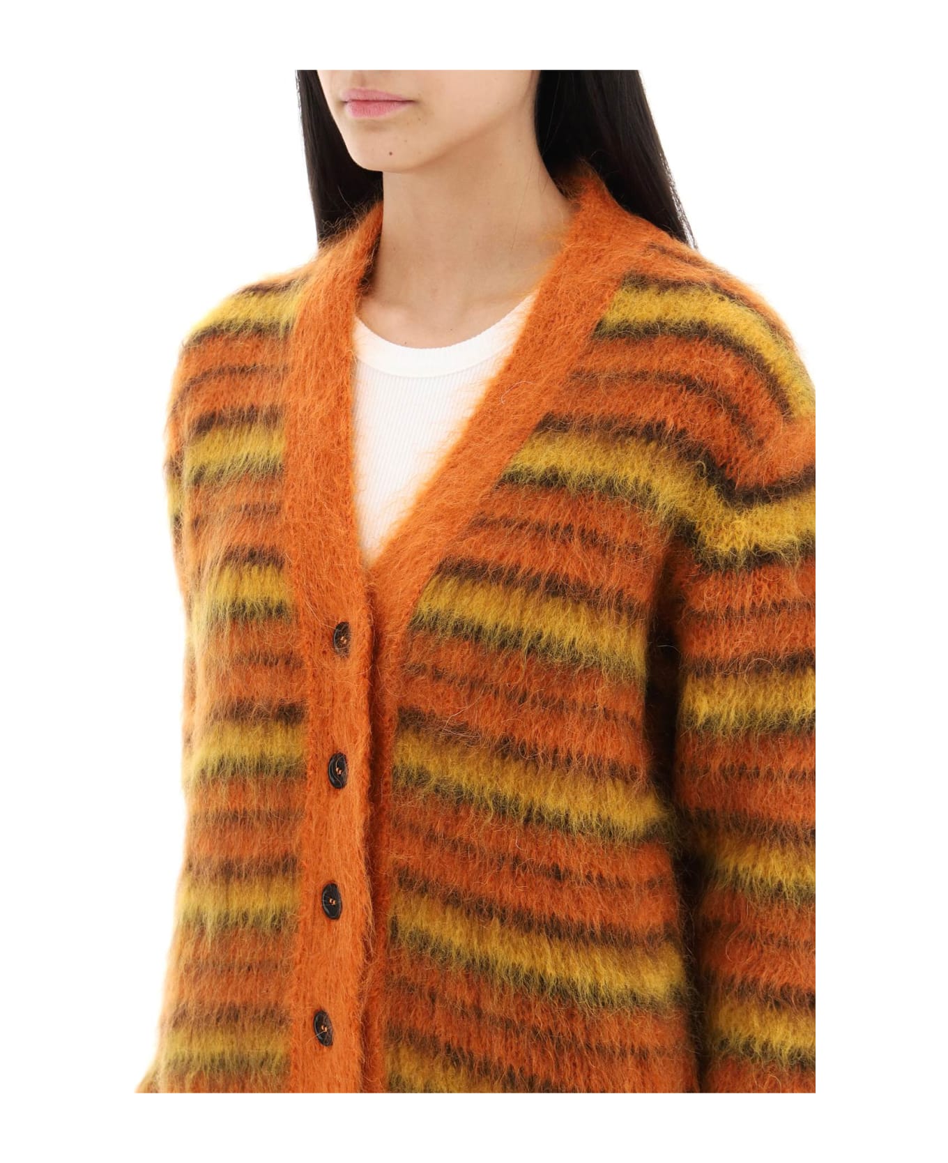 Marni Cardigan In Striped Brushed Mohair - Brick Red